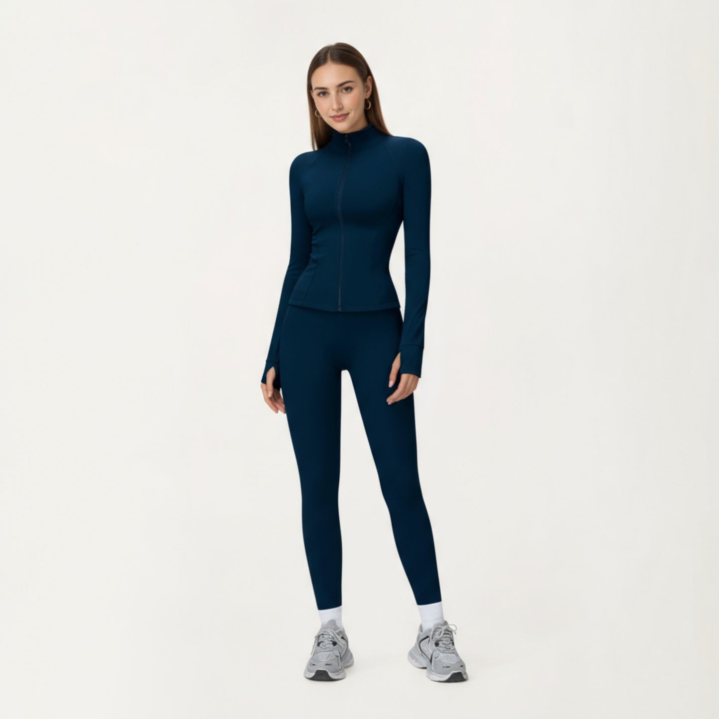 Long Sleeve Active Jacket with Front Zip Closure Smooth Stretch Fabric and Contoured Seam Detailing for Sleek Fit