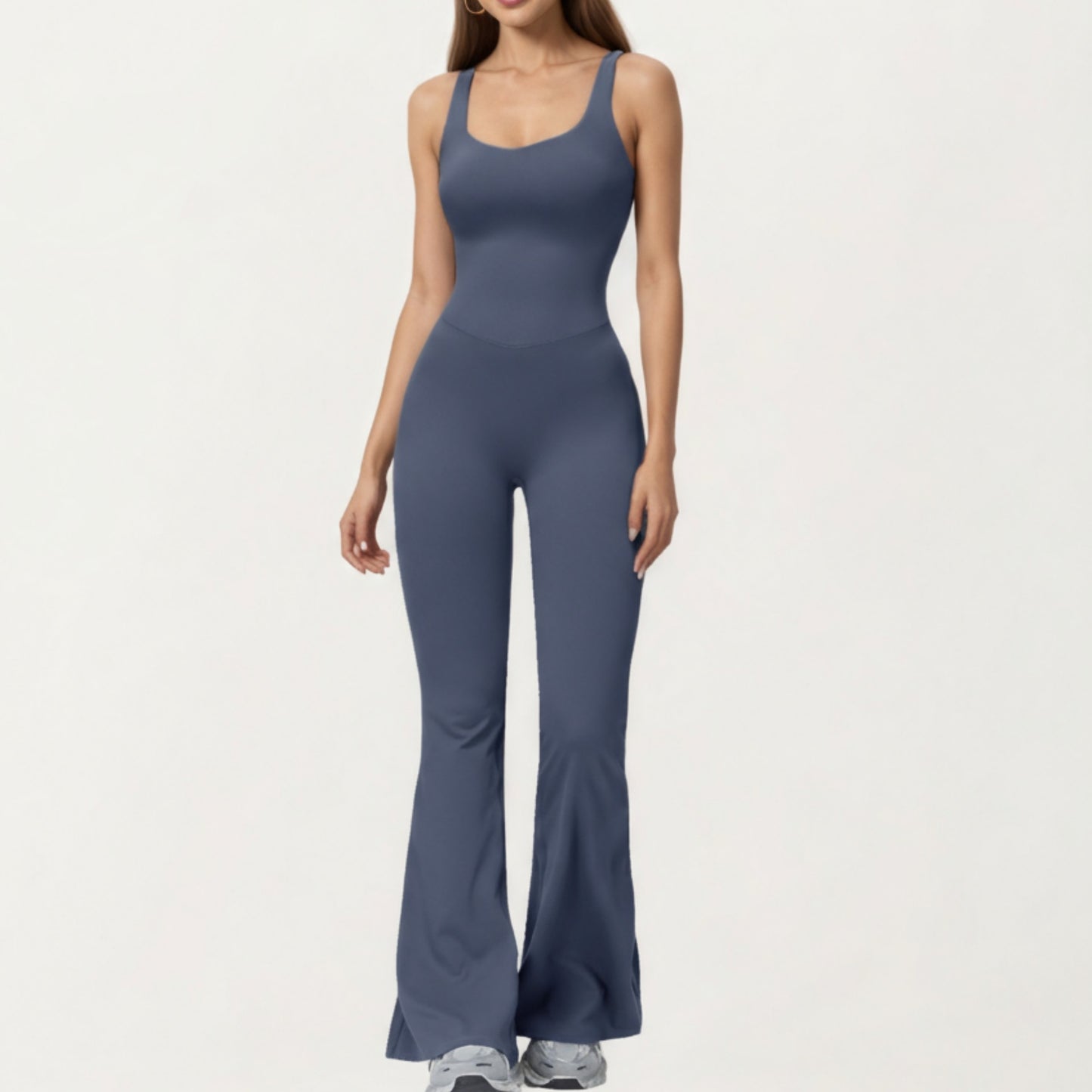 Scoop Neck Flare Leg One-Piece Activewear Jumpsuit with Contoured Fit and Smooth Stretch Fabric for Streamlined Comfort