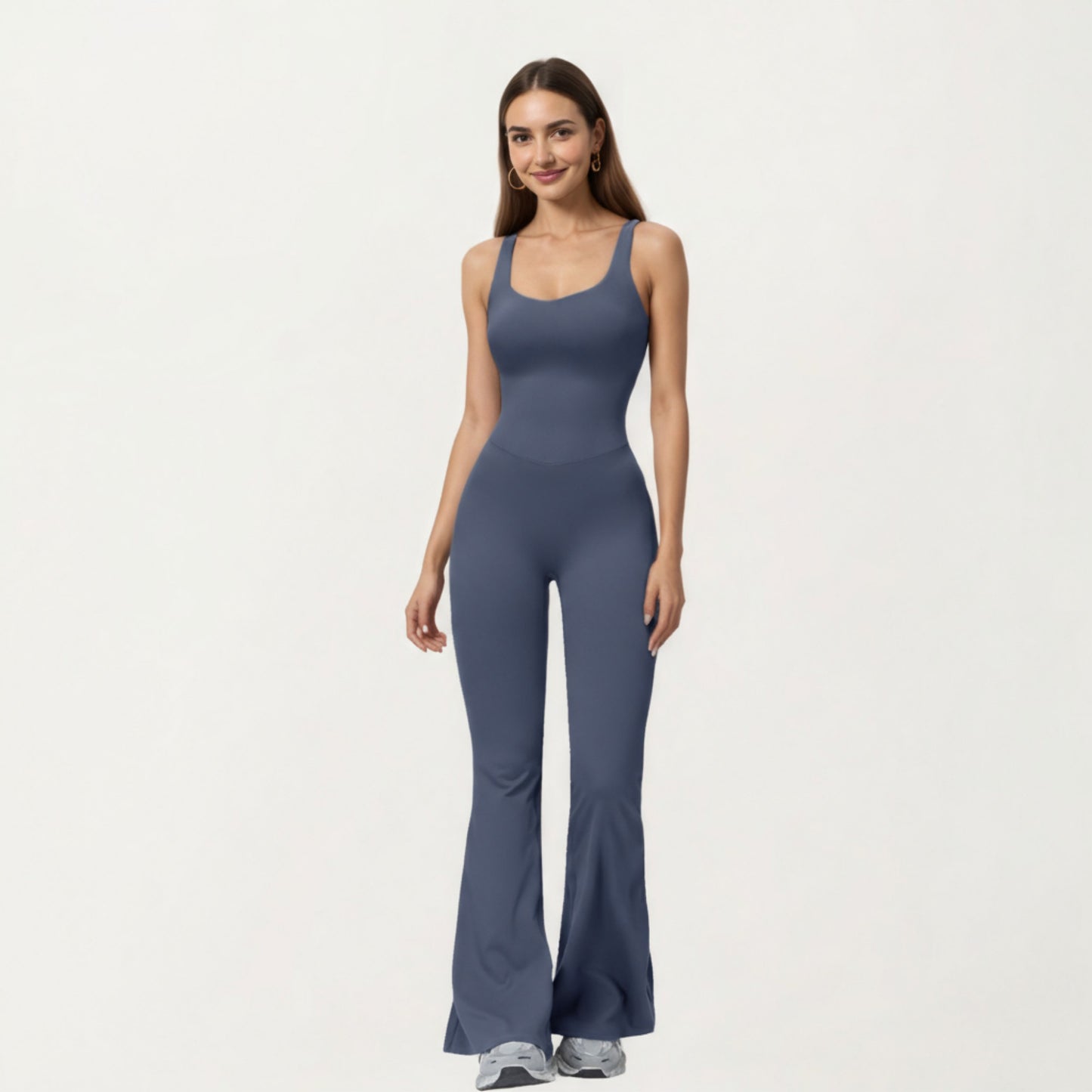 Scoop Neck Flare Leg One-Piece Activewear Jumpsuit with Contoured Fit and Smooth Stretch Fabric for Streamlined Comfort