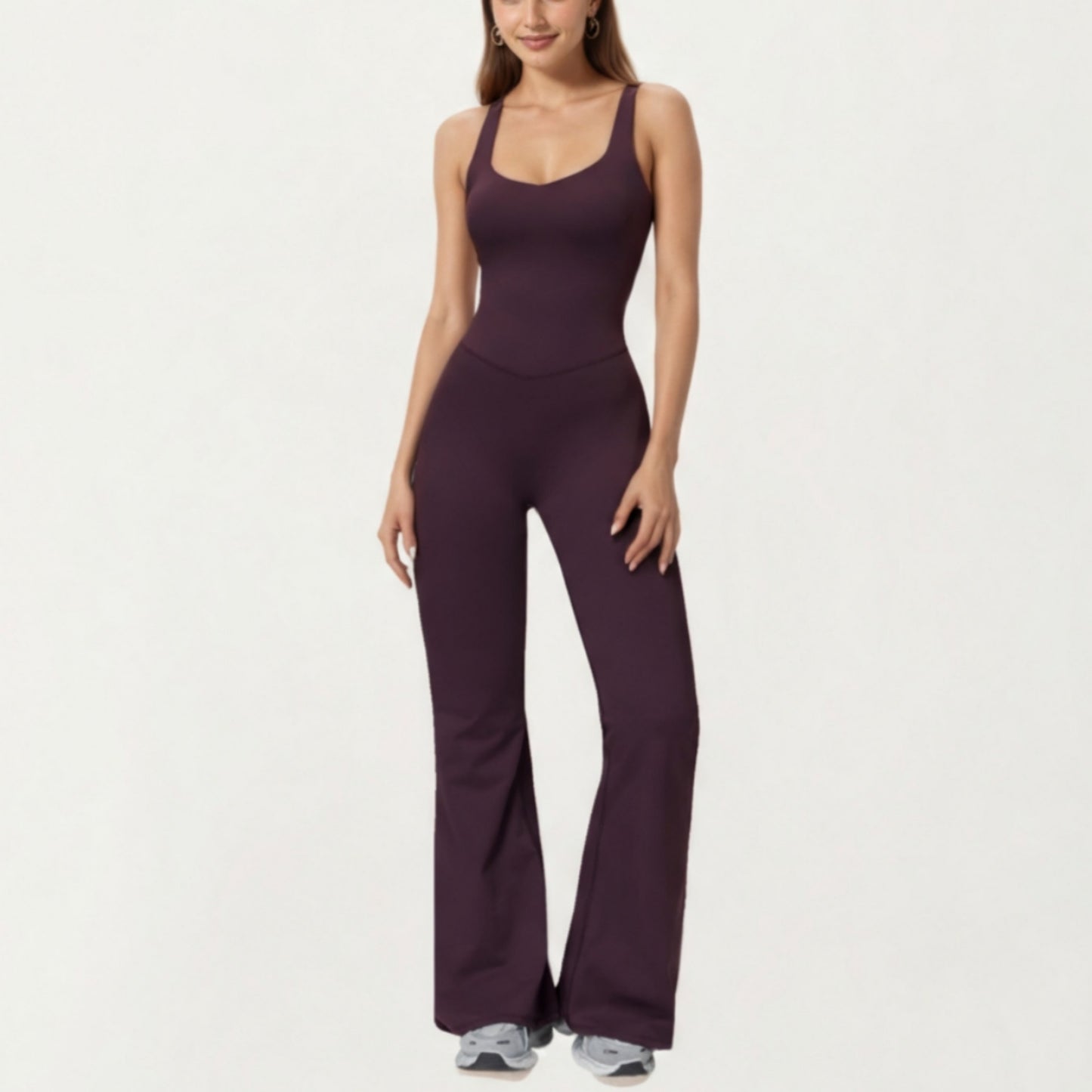 Scoop Neck Flare Leg One-Piece Activewear Jumpsuit with Contoured Fit and Smooth Stretch Fabric for Streamlined Comfort