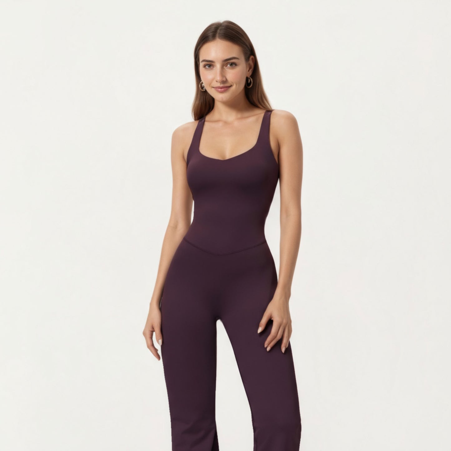Scoop Neck Flare Leg One-Piece Activewear Jumpsuit with Contoured Fit and Smooth Stretch Fabric for Streamlined Comfort