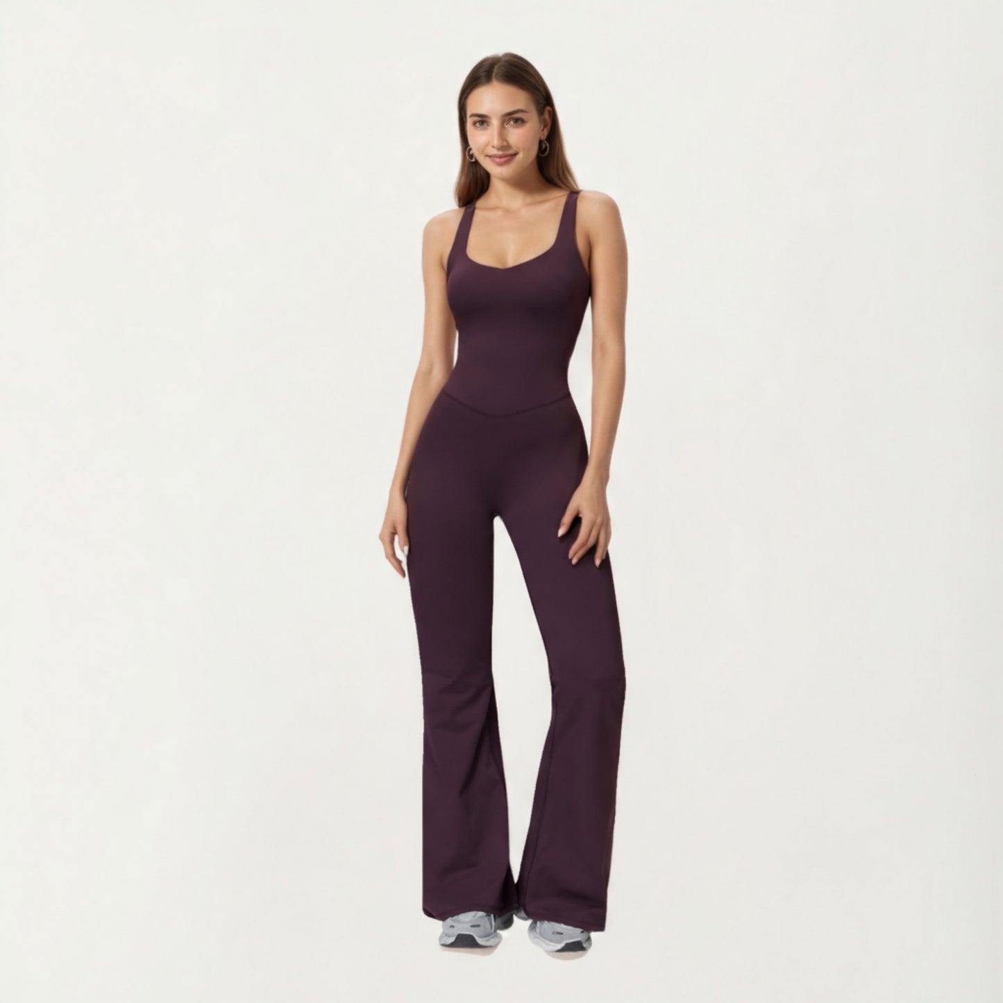 Scoop Neck Flare Leg One-Piece Activewear Jumpsuit with Contoured Fit and Smooth Stretch Fabric for Streamlined Comfort