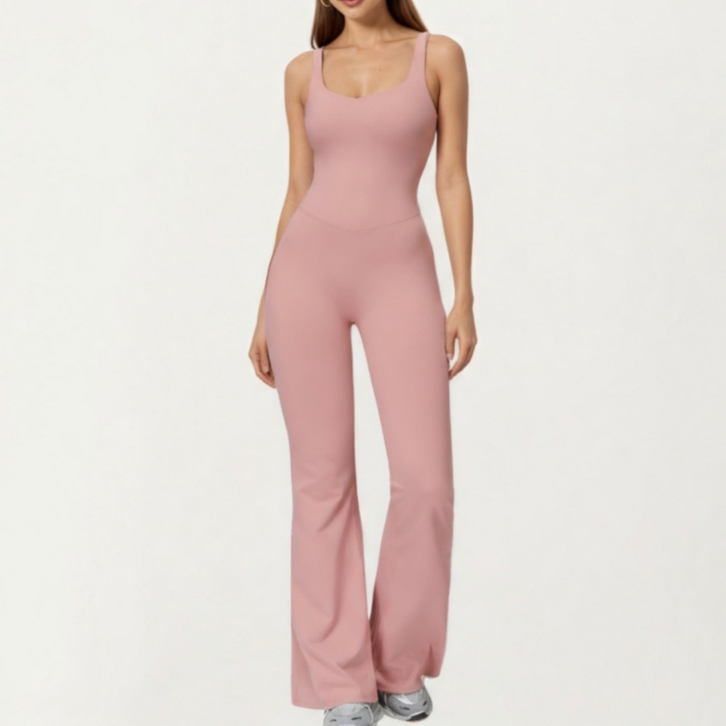 Scoop Neck Flare Leg One-Piece Activewear Jumpsuit with Contoured Fit and Smooth Stretch Fabric for Streamlined Comfort