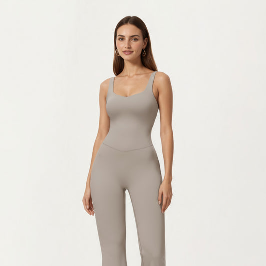Scoop Neck Flare Leg One-Piece Activewear Jumpsuit with Contoured Fit and Smooth Stretch Fabric for Streamlined Comfort