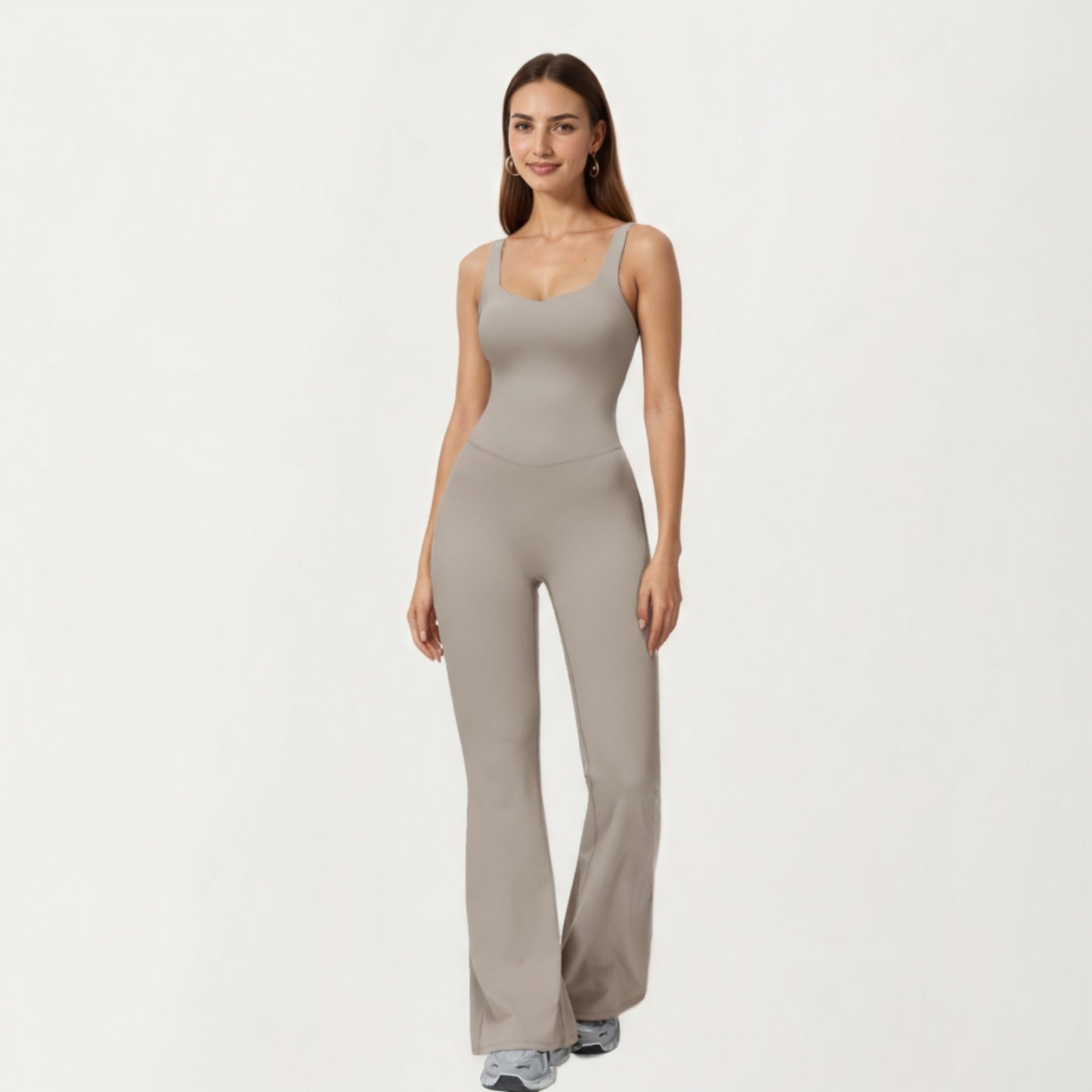 Scoop Neck Flare Leg One-Piece Activewear Jumpsuit with Contoured Fit and Smooth Stretch Fabric for Streamlined Comfort