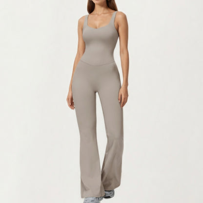 Scoop Neck Flare Leg One-Piece Activewear Jumpsuit with Contoured Fit and Smooth Stretch Fabric for Streamlined Comfort