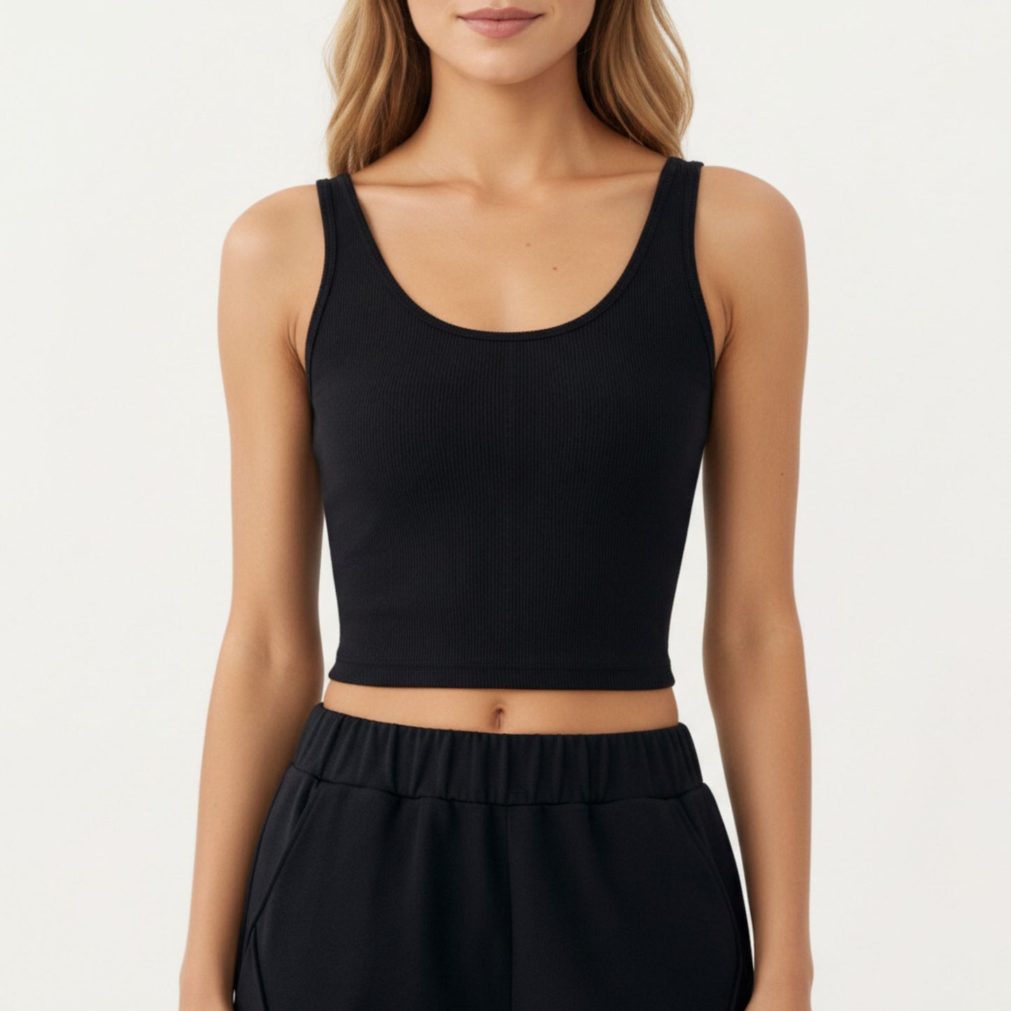 Ribbed Cropped Active Tank Top with Soft Stretch Fabric Scoop Neckline Contoured Seam Detail