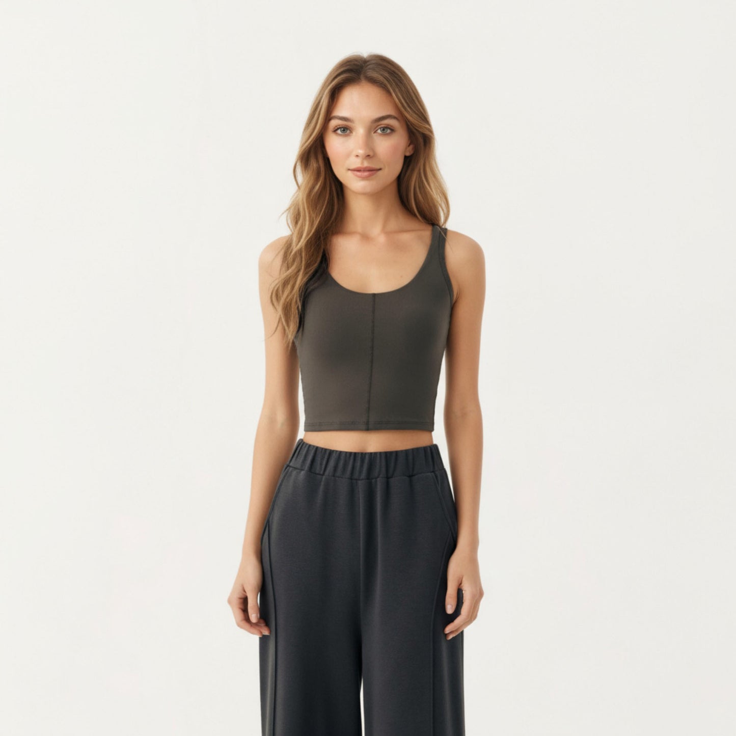 Ribbed Cropped Active Tank Top with Soft Stretch Fabric Scoop Neckline Contoured Seam Detail