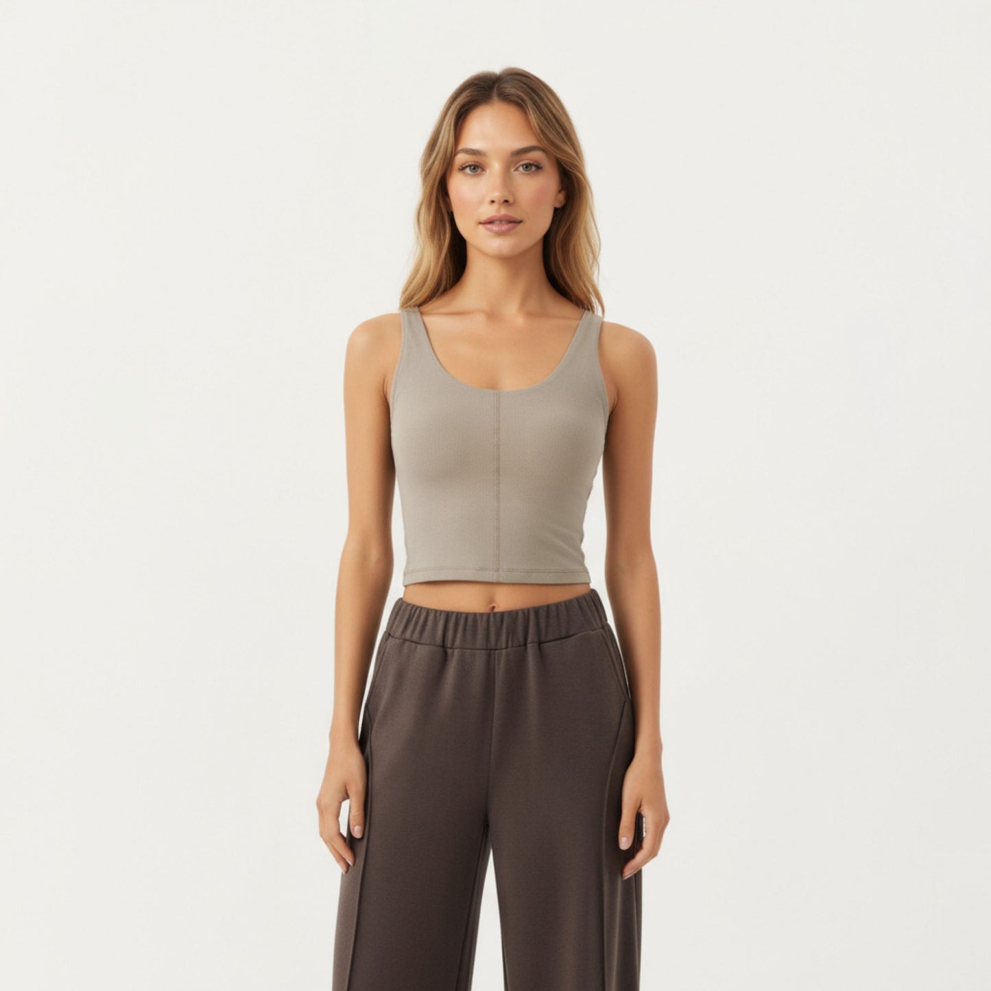 Ribbed Cropped Active Tank Top with Soft Stretch Fabric Scoop Neckline Contoured Seam Detail