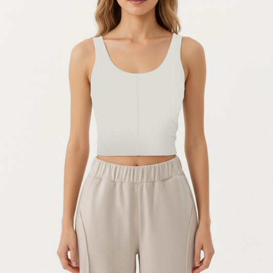 Ribbed Cropped Active Tank Top with Soft Stretch Fabric Scoop Neckline Contoured Seam Detail