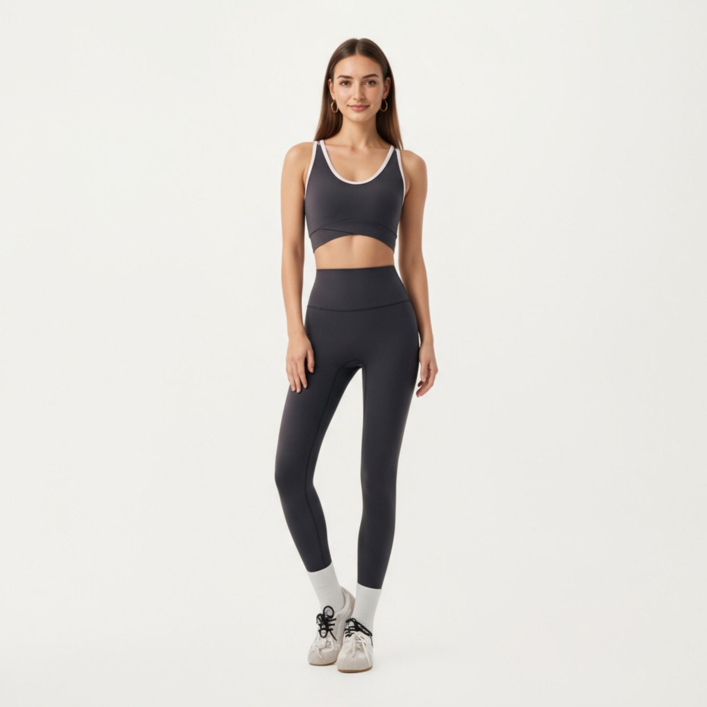 Stretch Sports Bra with Scoop Neckline Contrast Trim and Supportive Wrapped Underband Design