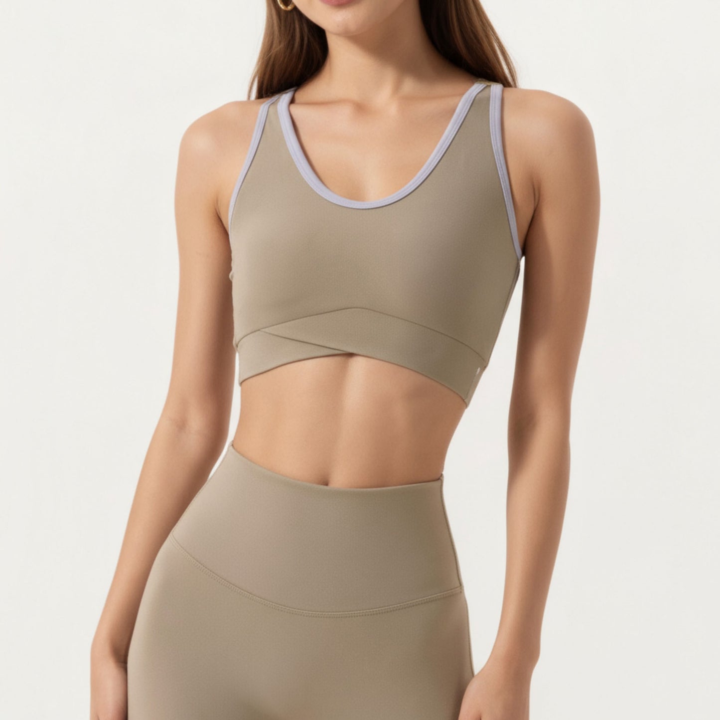 Stretch Sports Bra with Scoop Neckline Contrast Trim and Supportive Wrapped Underband Design