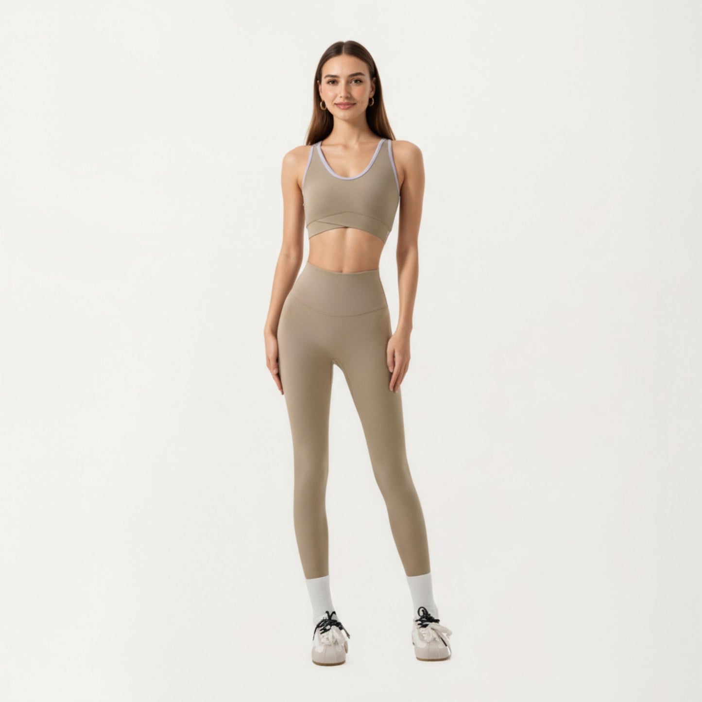 Stretch Sports Bra with Scoop Neckline Contrast Trim and Supportive Wrapped Underband Design