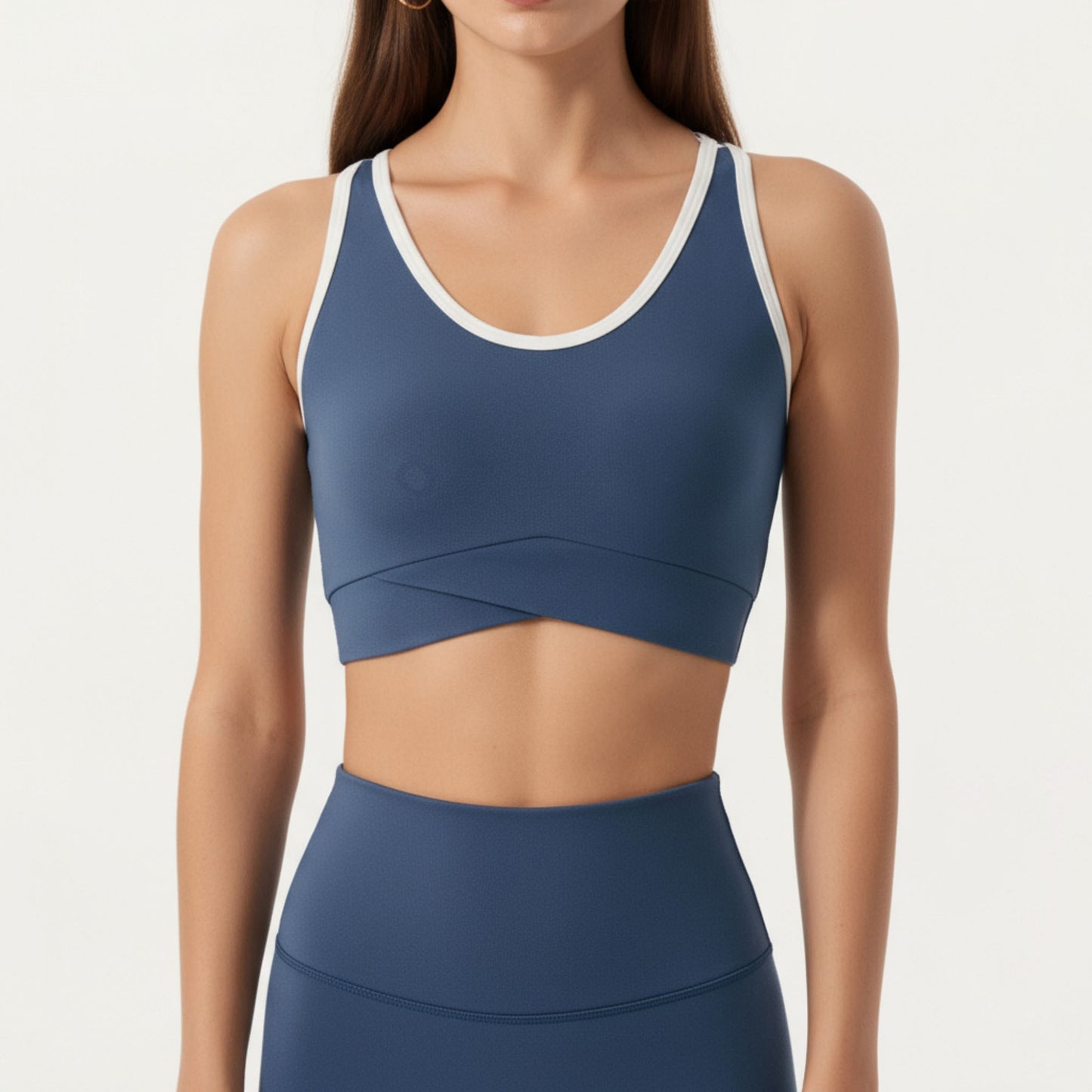 Stretch Sports Bra with Scoop Neckline Contrast Trim and Supportive Wrapped Underband Design
