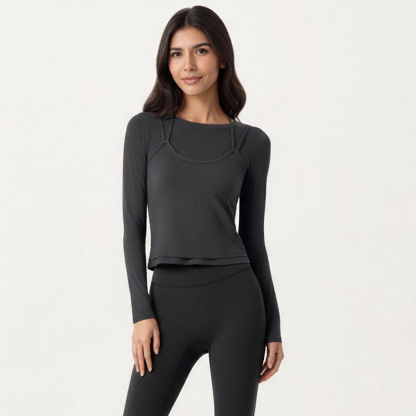 Long Sleeve Active Top with Layered Strap Detail Slim Contoured Fit and Modern Minimal Silhouette
