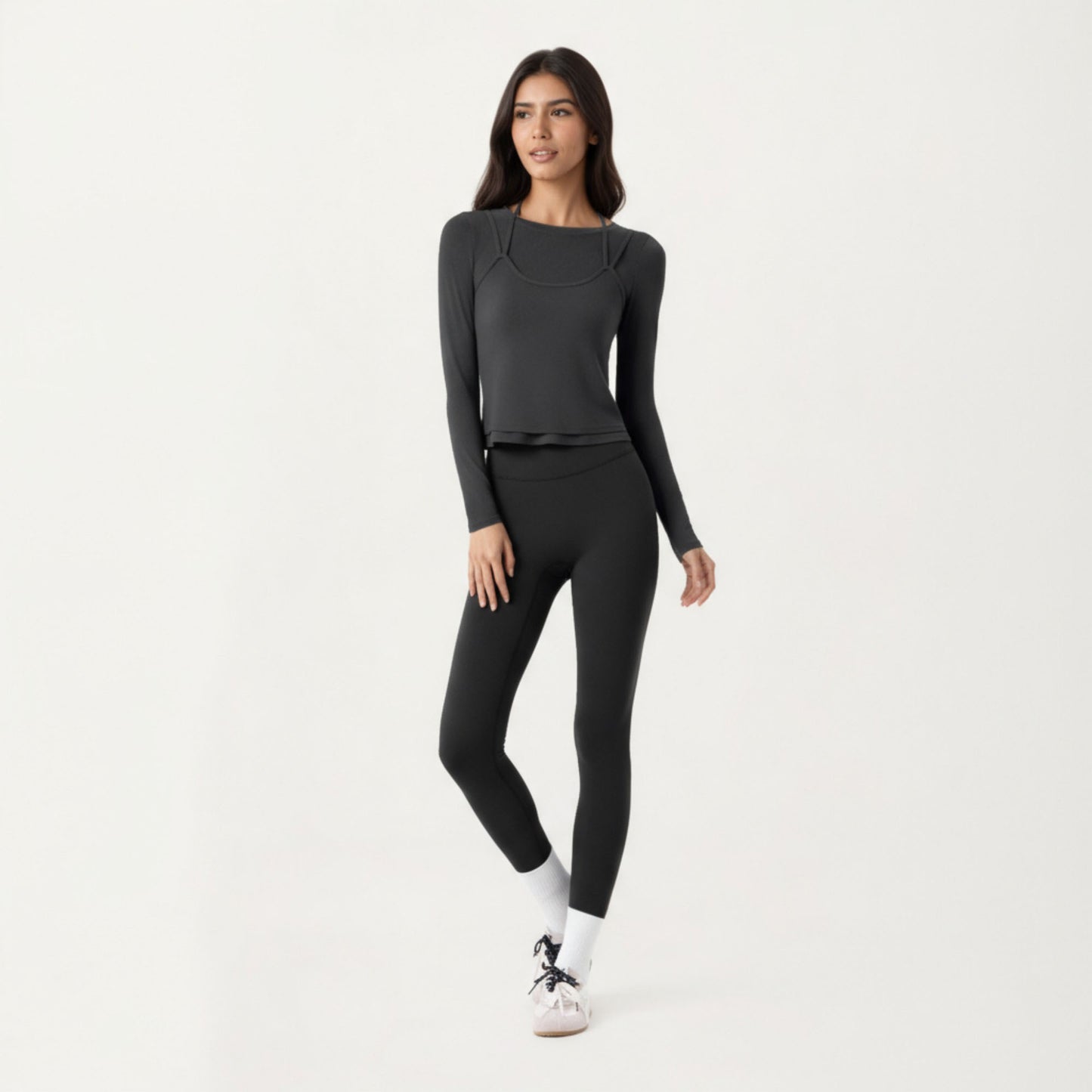Long Sleeve Active Top with Layered Strap Detail Slim Contoured Fit and Modern Minimal Silhouette