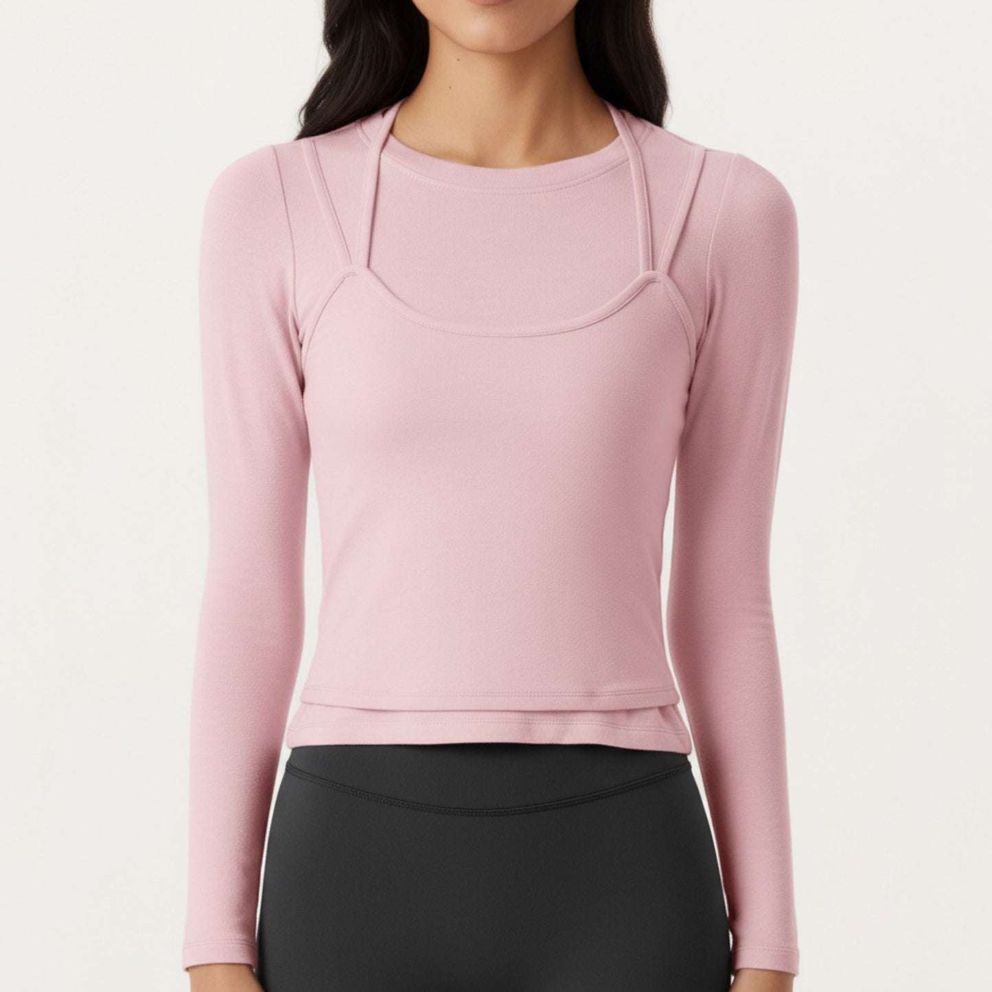 Long Sleeve Active Top with Layered Strap Detail Slim Contoured Fit and Modern Minimal Silhouette
