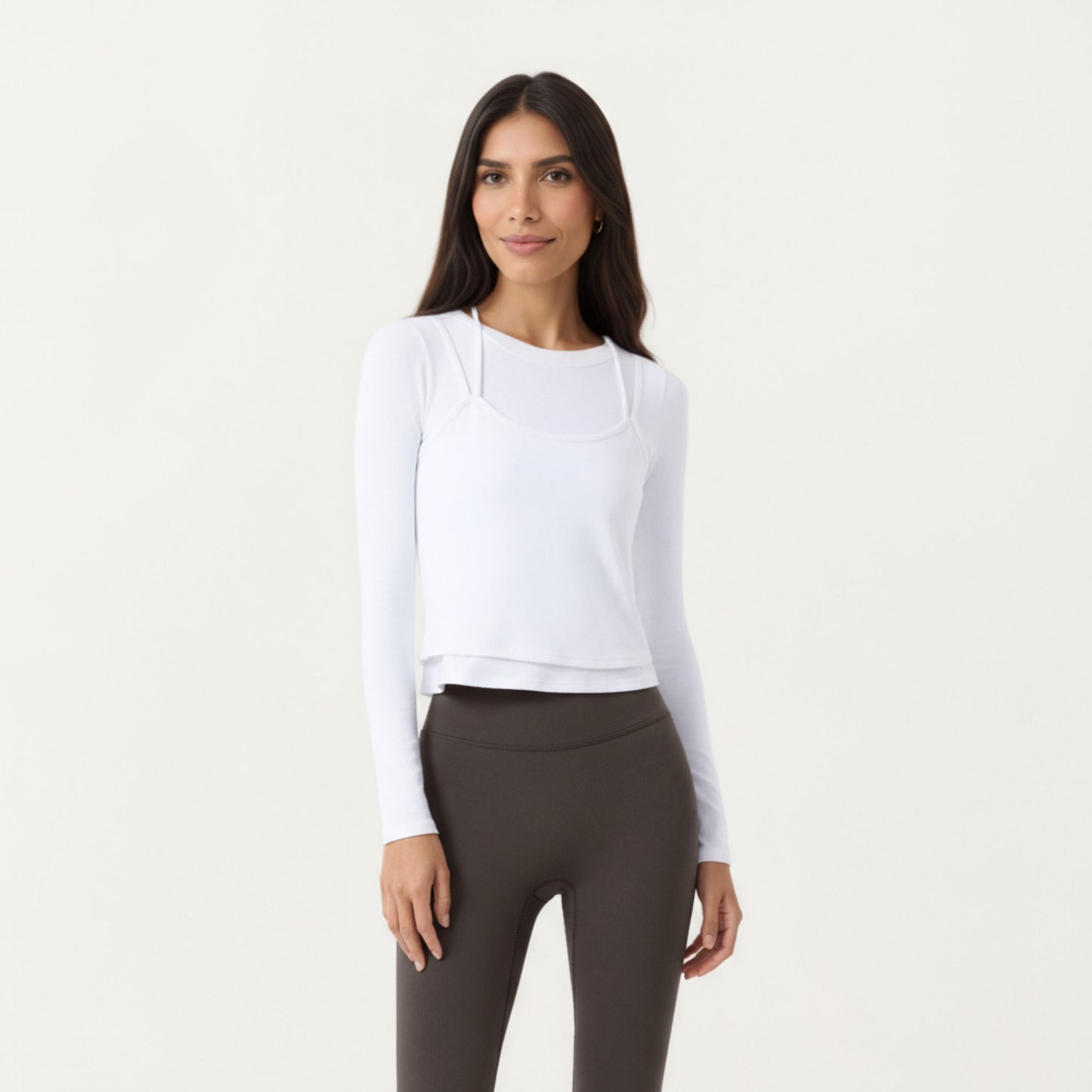 Long Sleeve Active Top with Layered Strap Detail Slim Contoured Fit and Modern Minimal Silhouette
