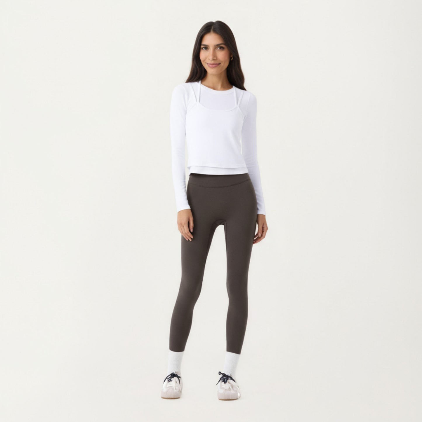 Long Sleeve Active Top with Layered Strap Detail Slim Contoured Fit and Modern Minimal Silhouette