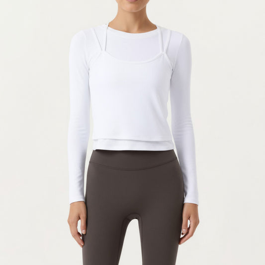 Long Sleeve Active Top with Layered Strap Detail Slim Contoured Fit and Modern Minimal Silhouette