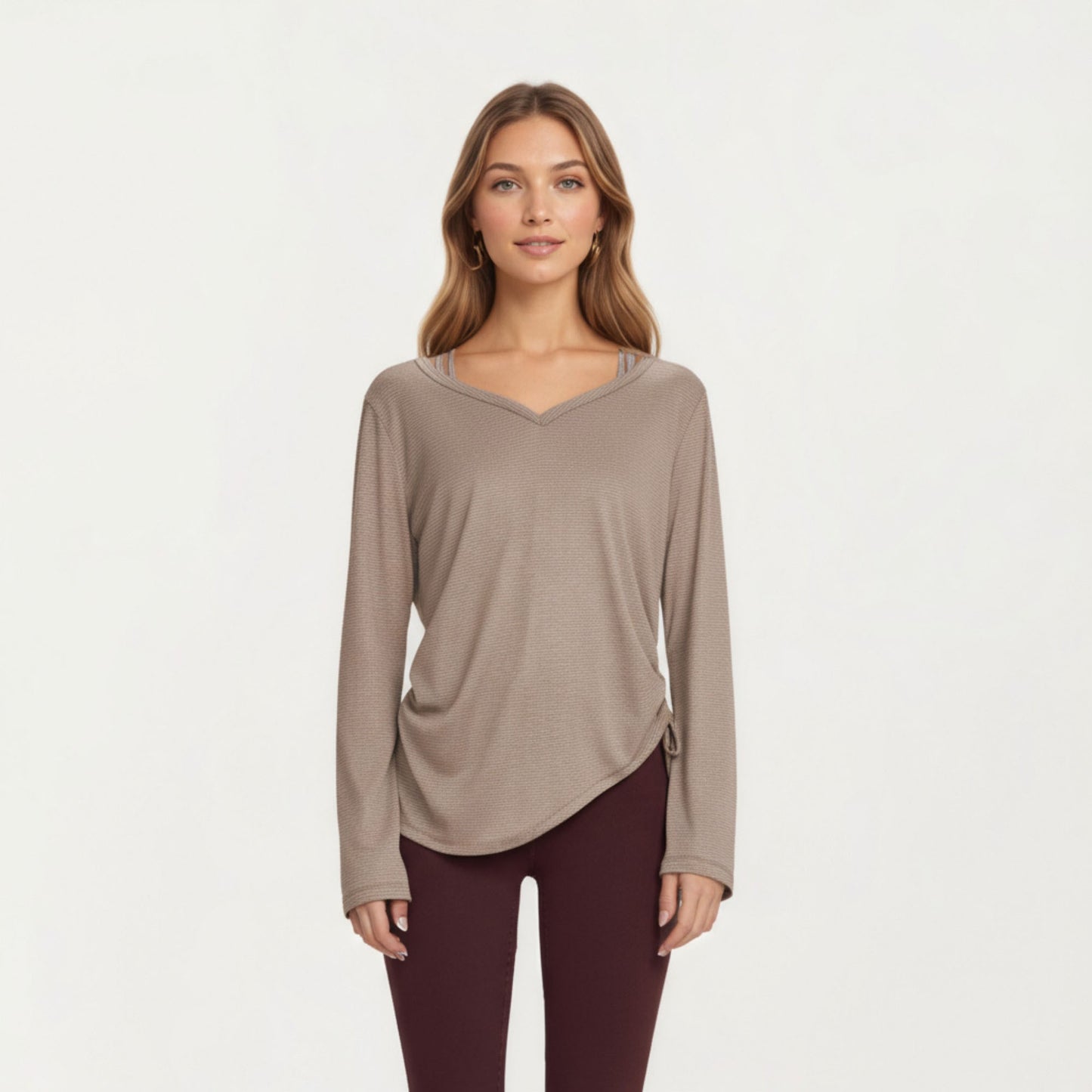 Long Sleeve V Neck Top with Soft Textured Fabric Relaxed Draped Silhouette and Curved Hemline