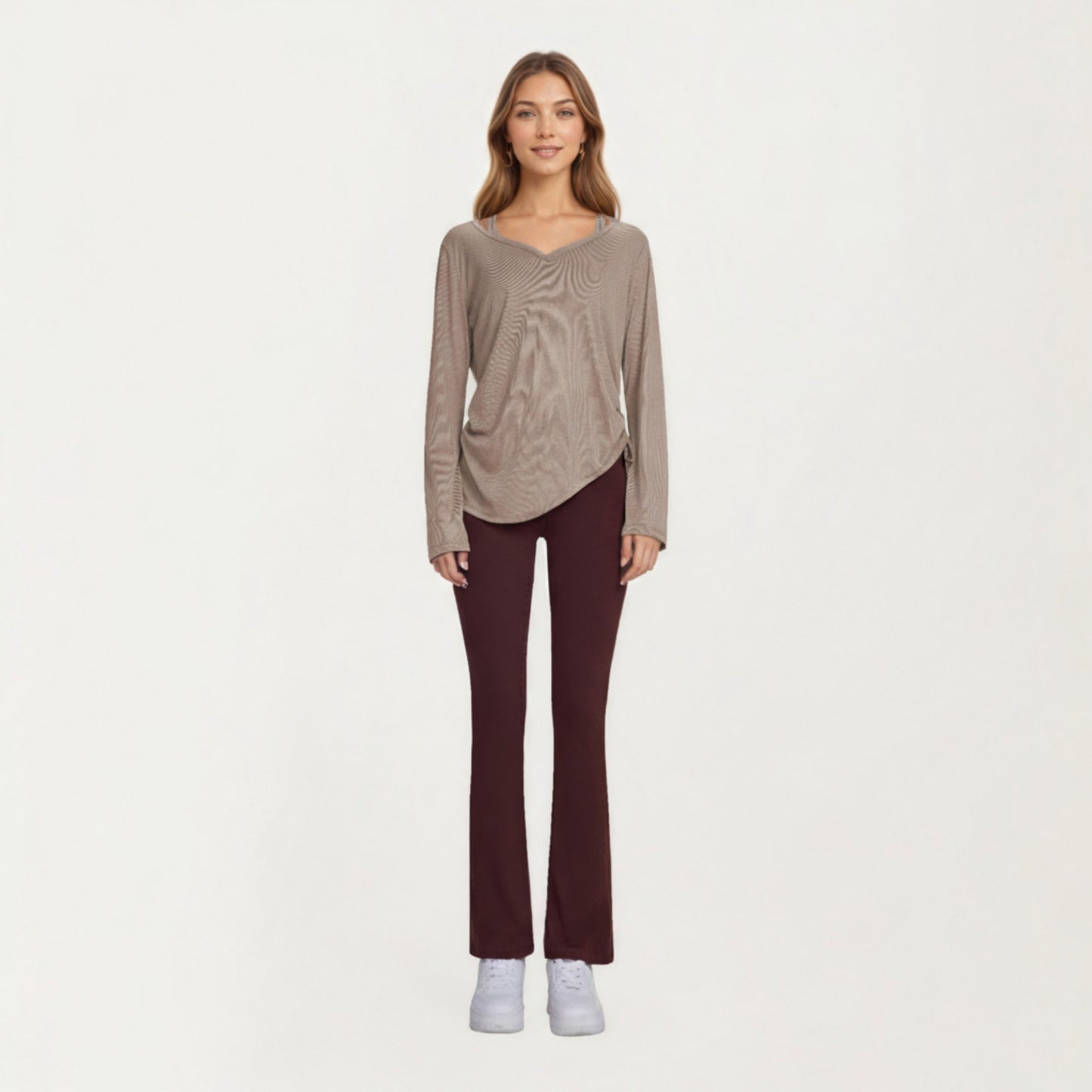 Long Sleeve V Neck Top with Soft Textured Fabric Relaxed Draped Silhouette and Curved Hemline