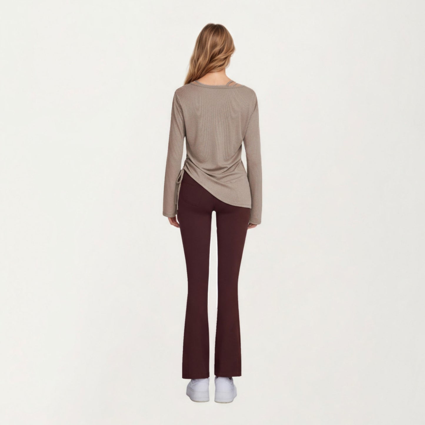 Long Sleeve V Neck Top with Soft Textured Fabric Relaxed Draped Silhouette and Curved Hemline