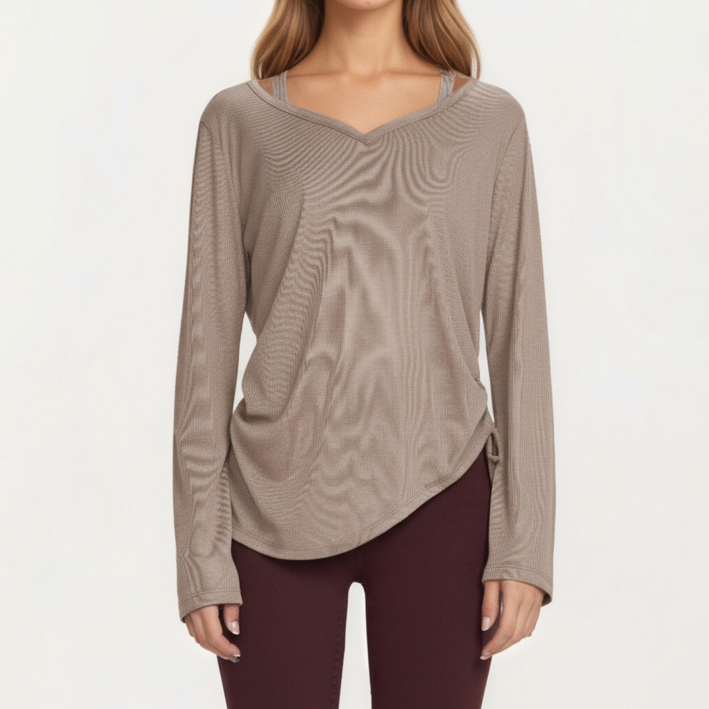 Long Sleeve V Neck Top with Soft Textured Fabric Relaxed Draped Silhouette and Curved Hemline