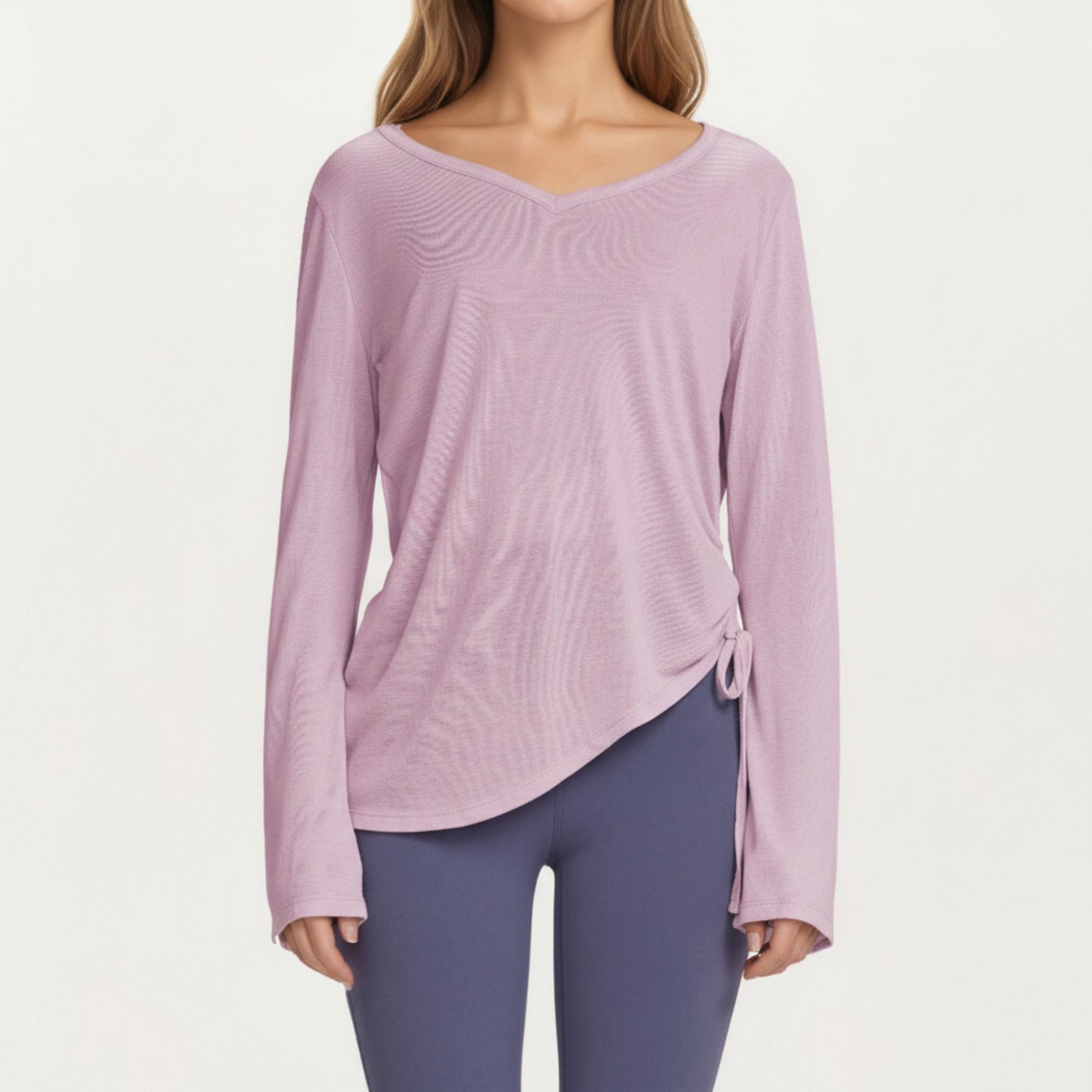 Long Sleeve V Neck Top with Soft Textured Fabric Relaxed Draped Silhouette and Curved Hemline
