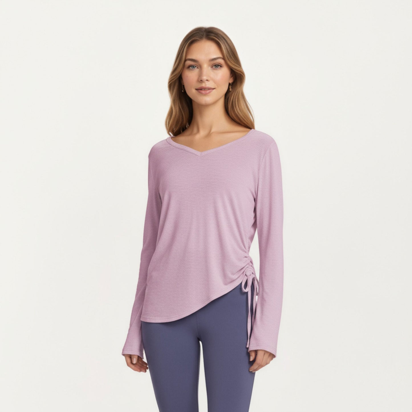 Long Sleeve V Neck Top with Soft Textured Fabric Relaxed Draped Silhouette and Curved Hemline