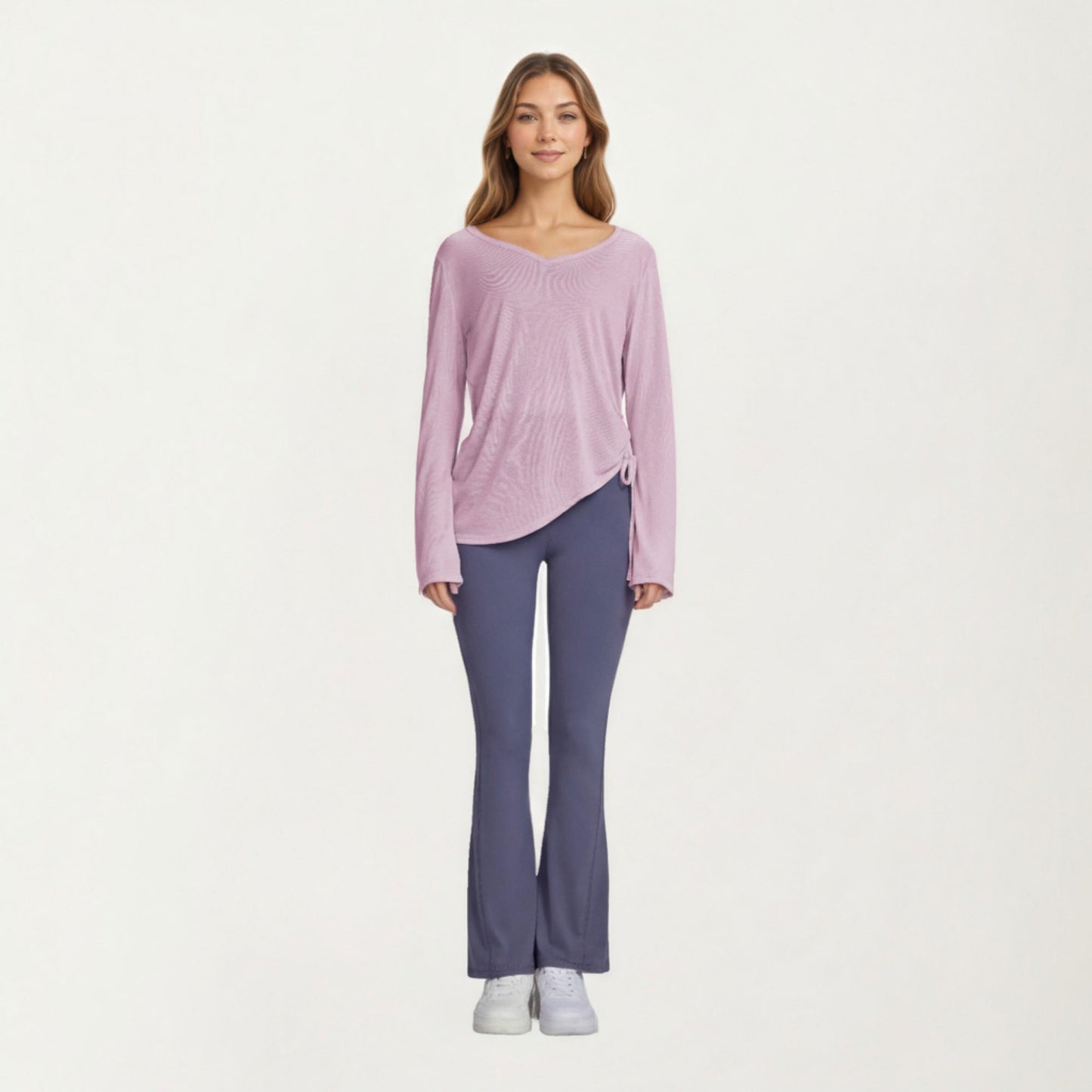 Long Sleeve V Neck Top with Soft Textured Fabric Relaxed Draped Silhouette and Curved Hemline