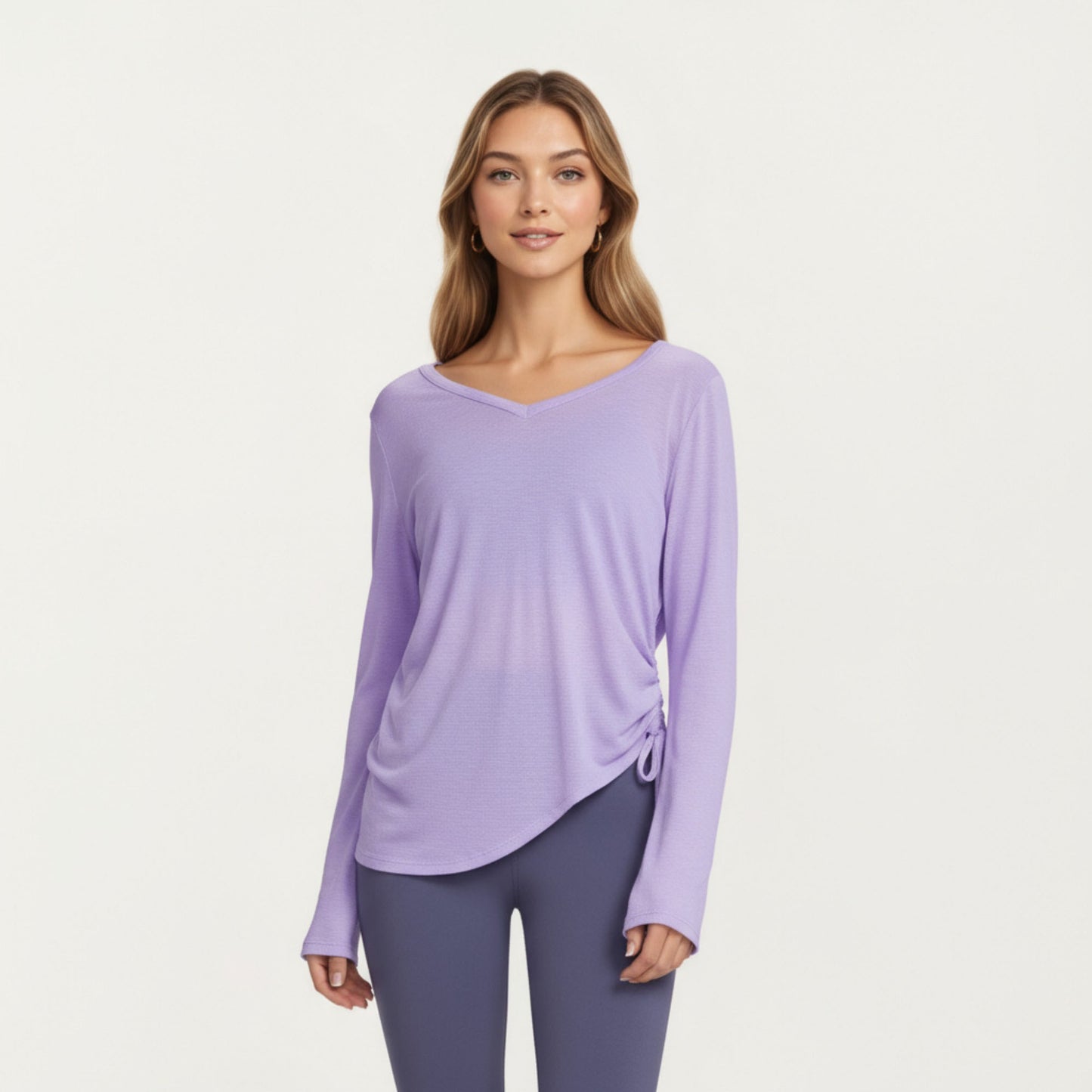 Long Sleeve V Neck Top with Soft Textured Fabric Relaxed Draped Silhouette and Curved Hemline
