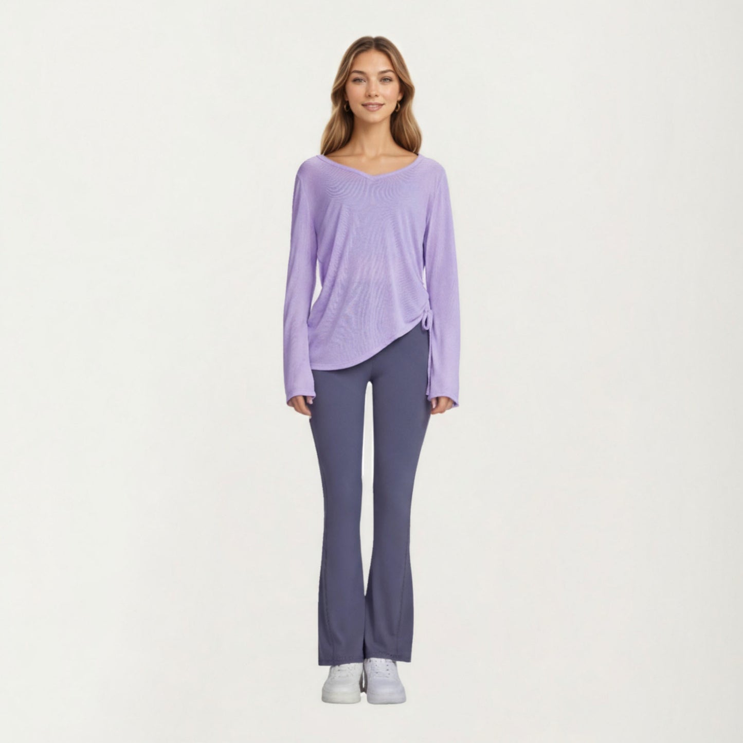 Long Sleeve V Neck Top with Soft Textured Fabric Relaxed Draped Silhouette and Curved Hemline