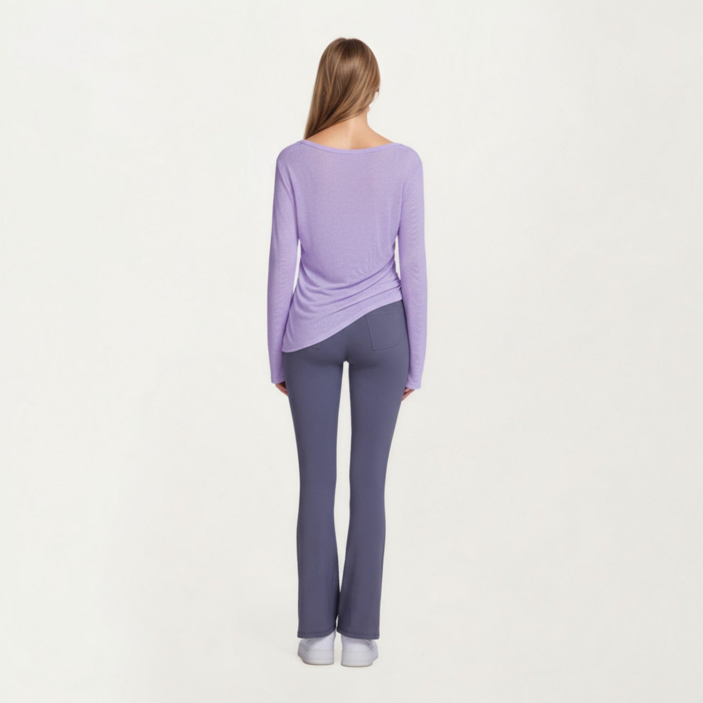 Long Sleeve V Neck Top with Soft Textured Fabric Relaxed Draped Silhouette and Curved Hemline