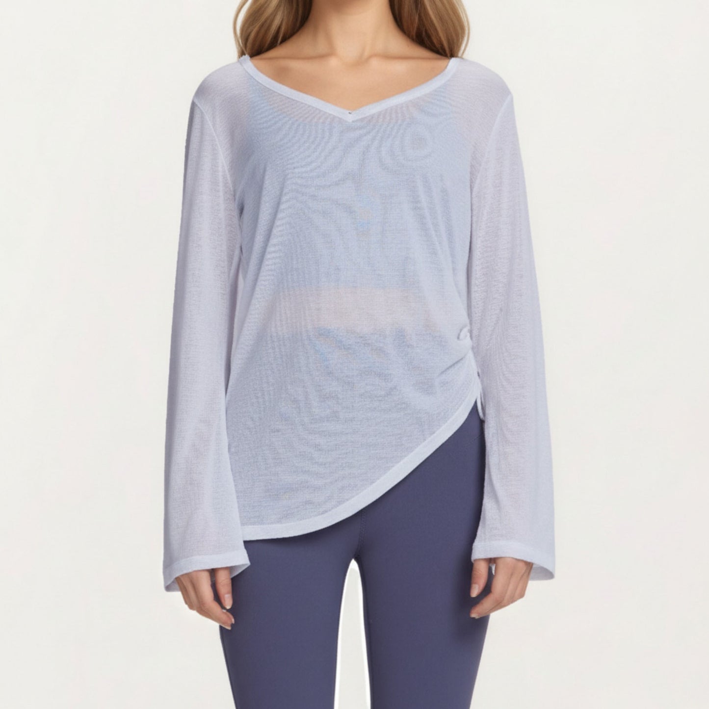 Long Sleeve V Neck Top with Soft Textured Fabric Relaxed Draped Silhouette and Curved Hemline