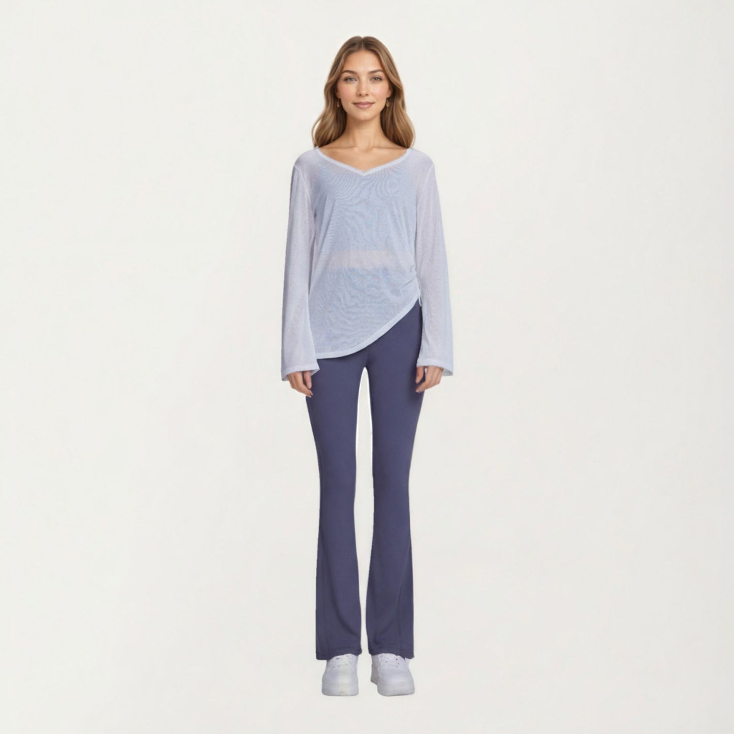 Long Sleeve V Neck Top with Soft Textured Fabric Relaxed Draped Silhouette and Curved Hemline