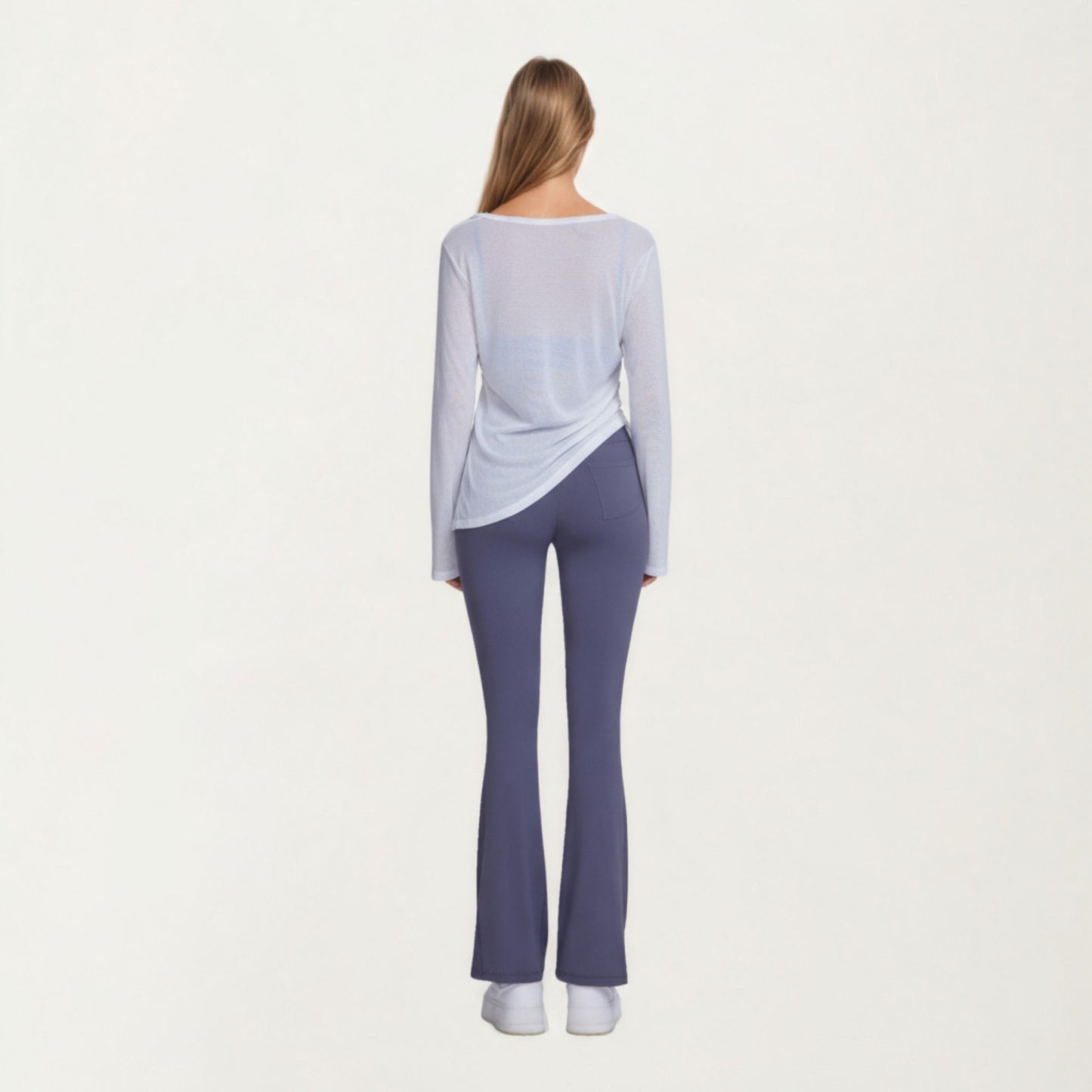 Long Sleeve V Neck Top with Soft Textured Fabric Relaxed Draped Silhouette and Curved Hemline