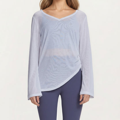 Long Sleeve V Neck Top with Soft Textured Fabric Relaxed Draped Silhouette and Curved Hemline