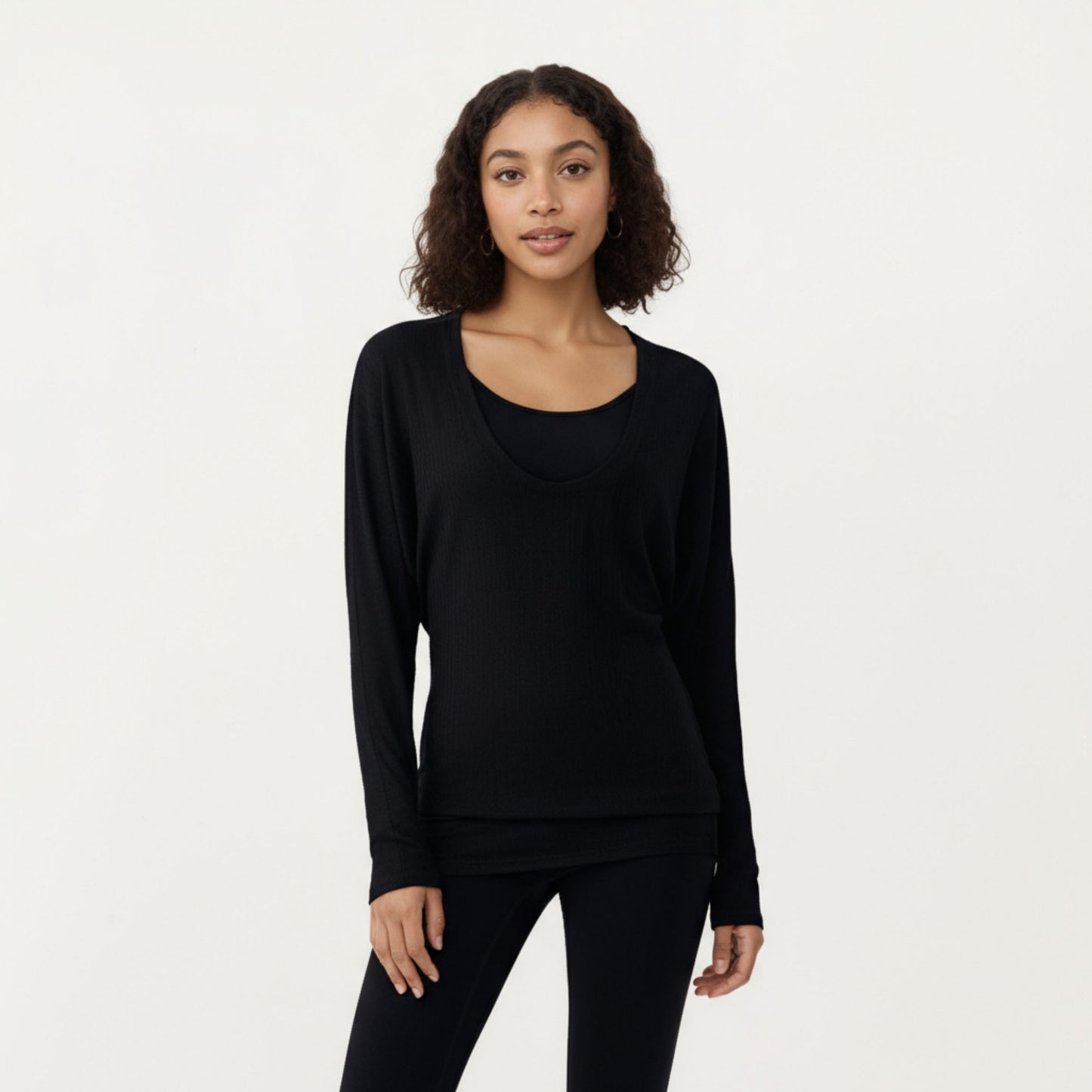 Off Shoulder Long Sleeve Top with Soft Stretch Fabric Relaxed Draped Fit and Extended Hemline