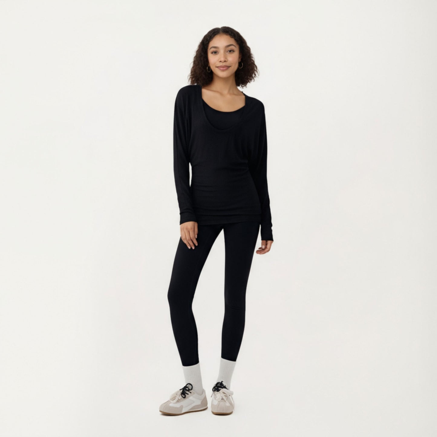 Off Shoulder Long Sleeve Top with Soft Stretch Fabric Relaxed Draped Fit and Extended Hemline