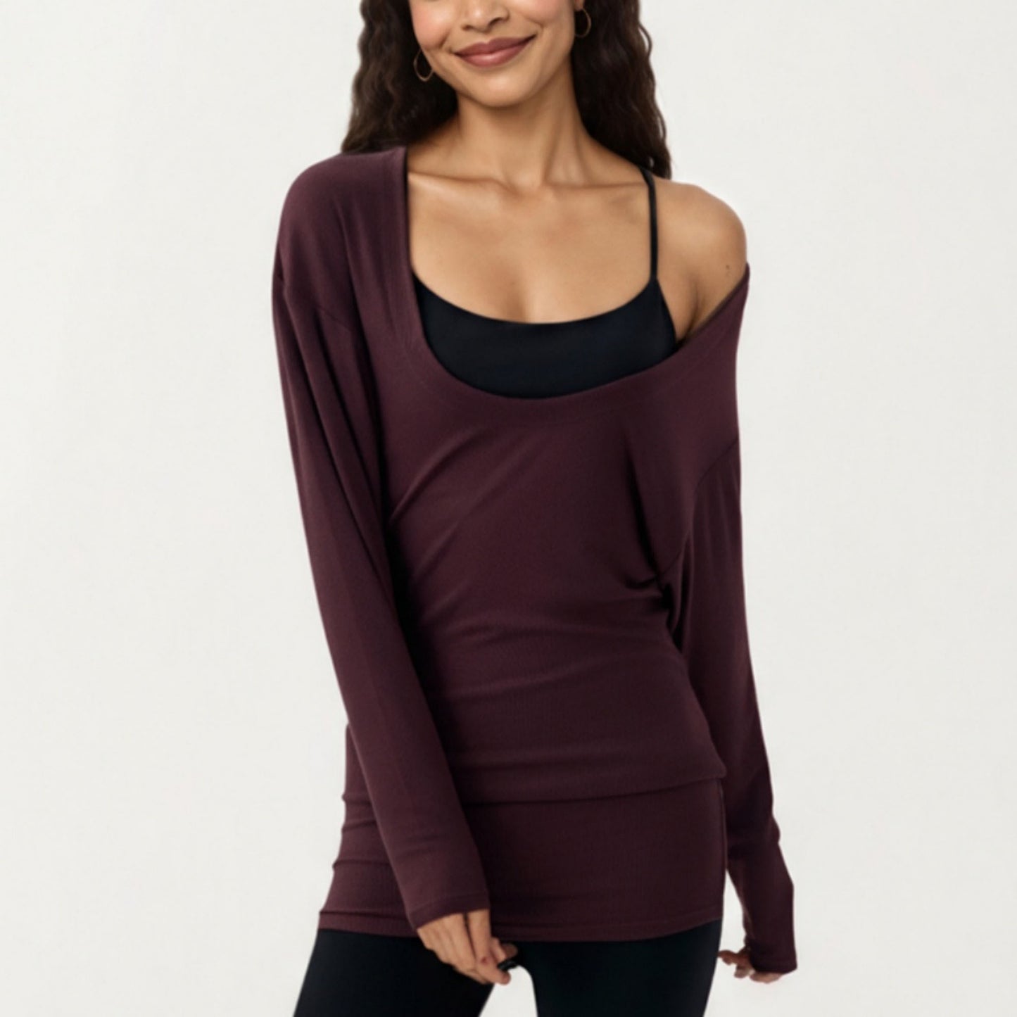 Off Shoulder Long Sleeve Top with Soft Stretch Fabric Relaxed Draped Fit and Extended Hemline