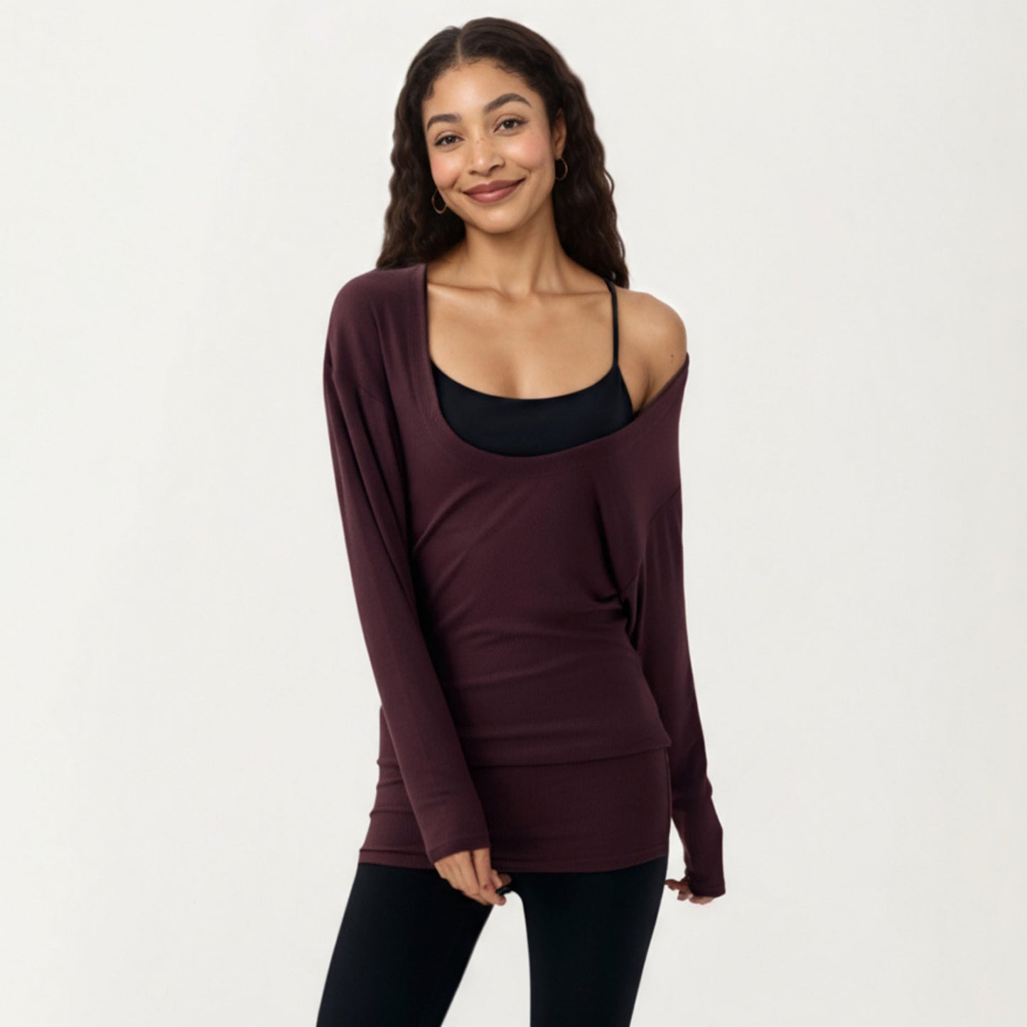Off Shoulder Long Sleeve Top with Soft Stretch Fabric Relaxed Draped Fit and Extended Hemline