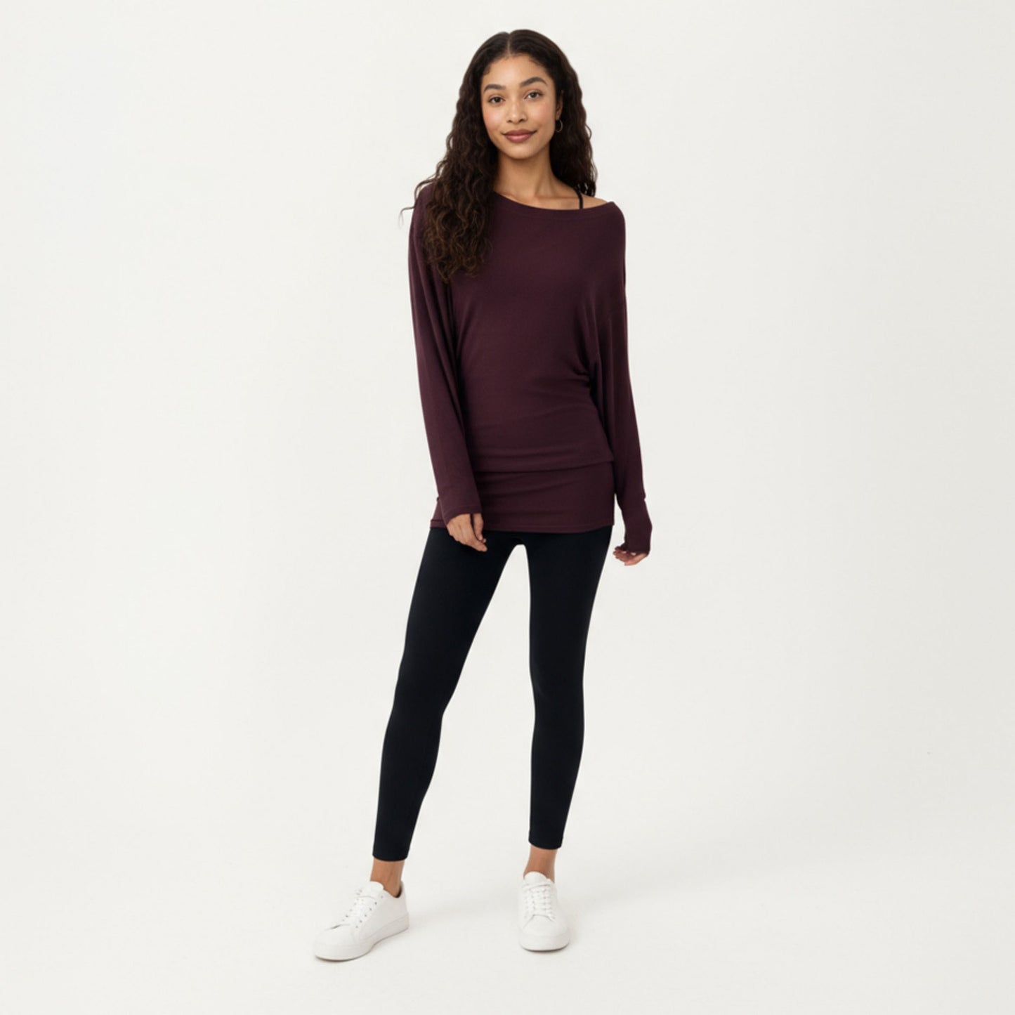 Off Shoulder Long Sleeve Top with Soft Stretch Fabric Relaxed Draped Fit and Extended Hemline