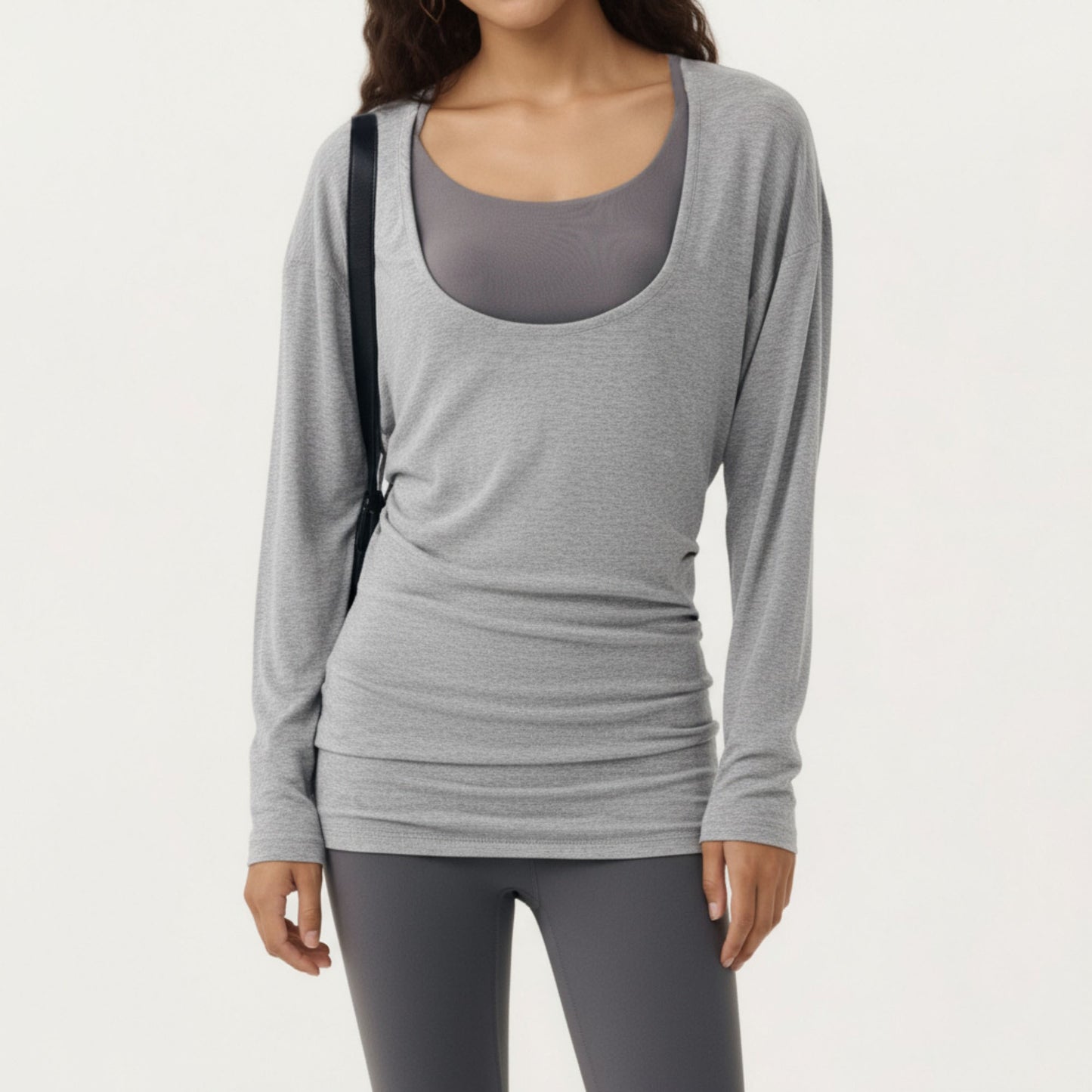Off Shoulder Long Sleeve Top with Soft Stretch Fabric Relaxed Draped Fit and Extended Hemline