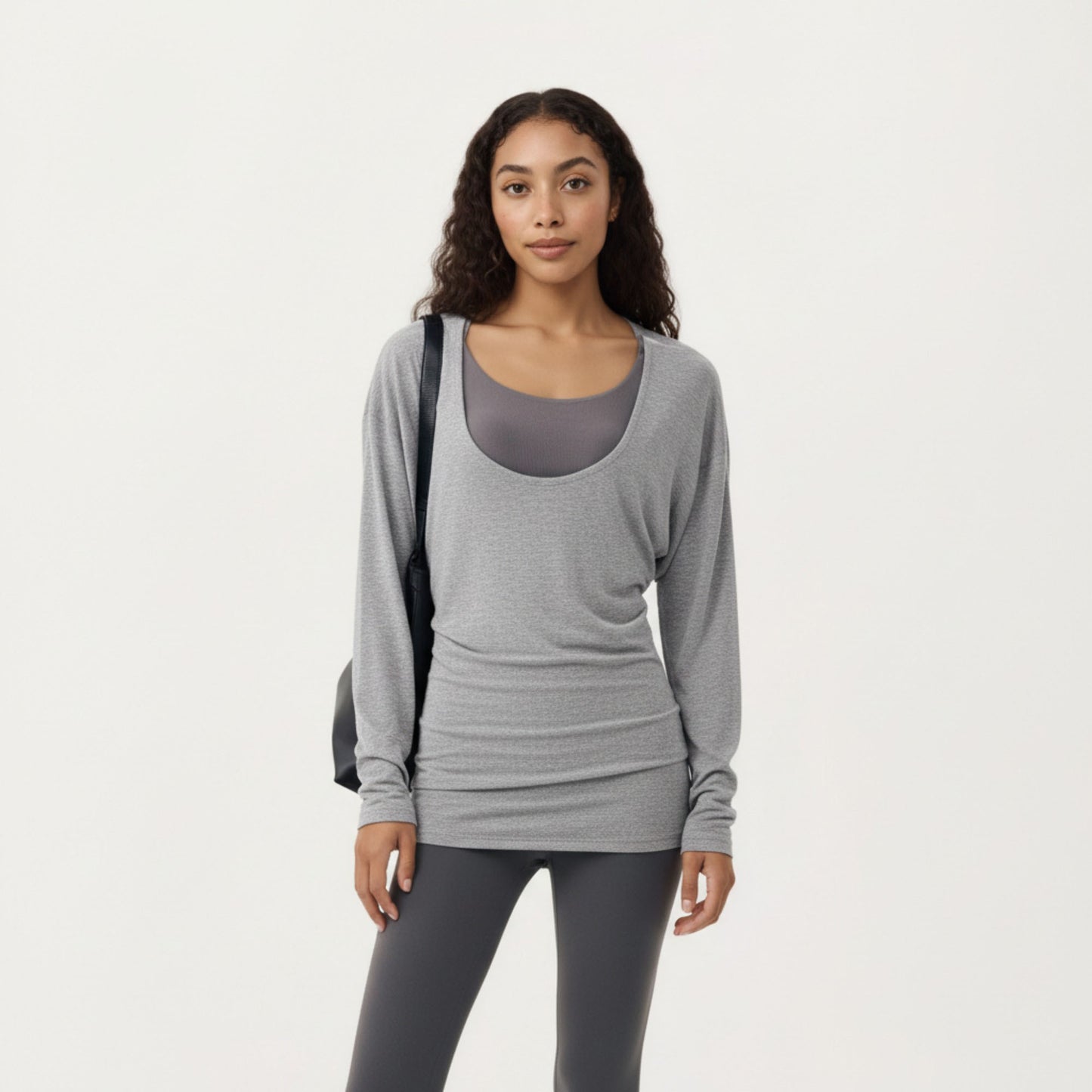 Off Shoulder Long Sleeve Top with Soft Stretch Fabric Relaxed Draped Fit and Extended Hemline