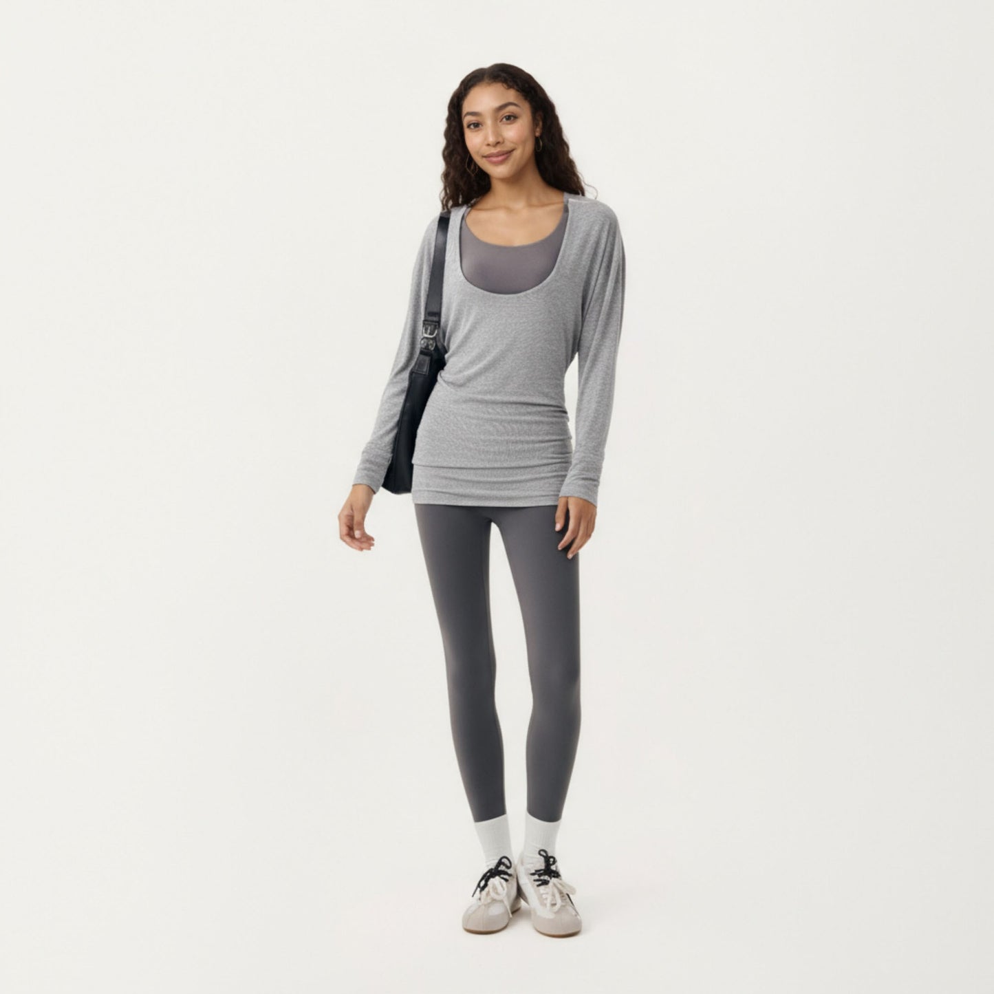 Off Shoulder Long Sleeve Top with Soft Stretch Fabric Relaxed Draped Fit and Extended Hemline
