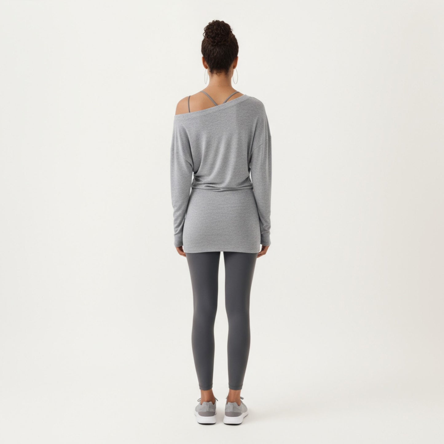 Off Shoulder Long Sleeve Top with Soft Stretch Fabric Relaxed Draped Fit and Extended Hemline