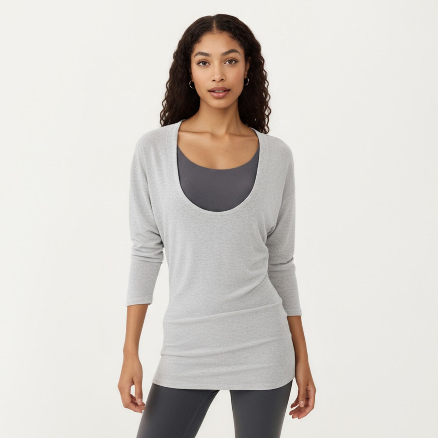 Off Shoulder Long Sleeve Top with Soft Stretch Fabric Relaxed Draped Fit and Extended Hemline