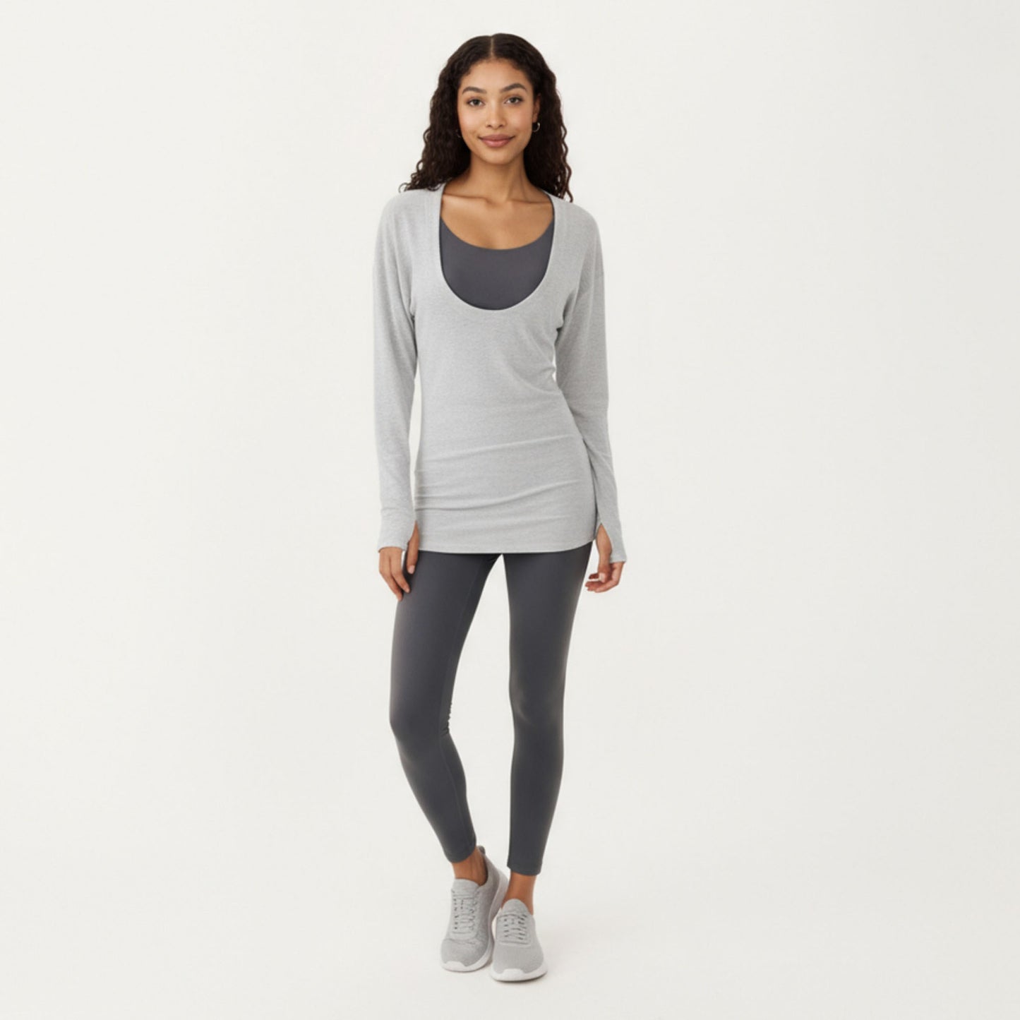 Off Shoulder Long Sleeve Top with Soft Stretch Fabric Relaxed Draped Fit and Extended Hemline