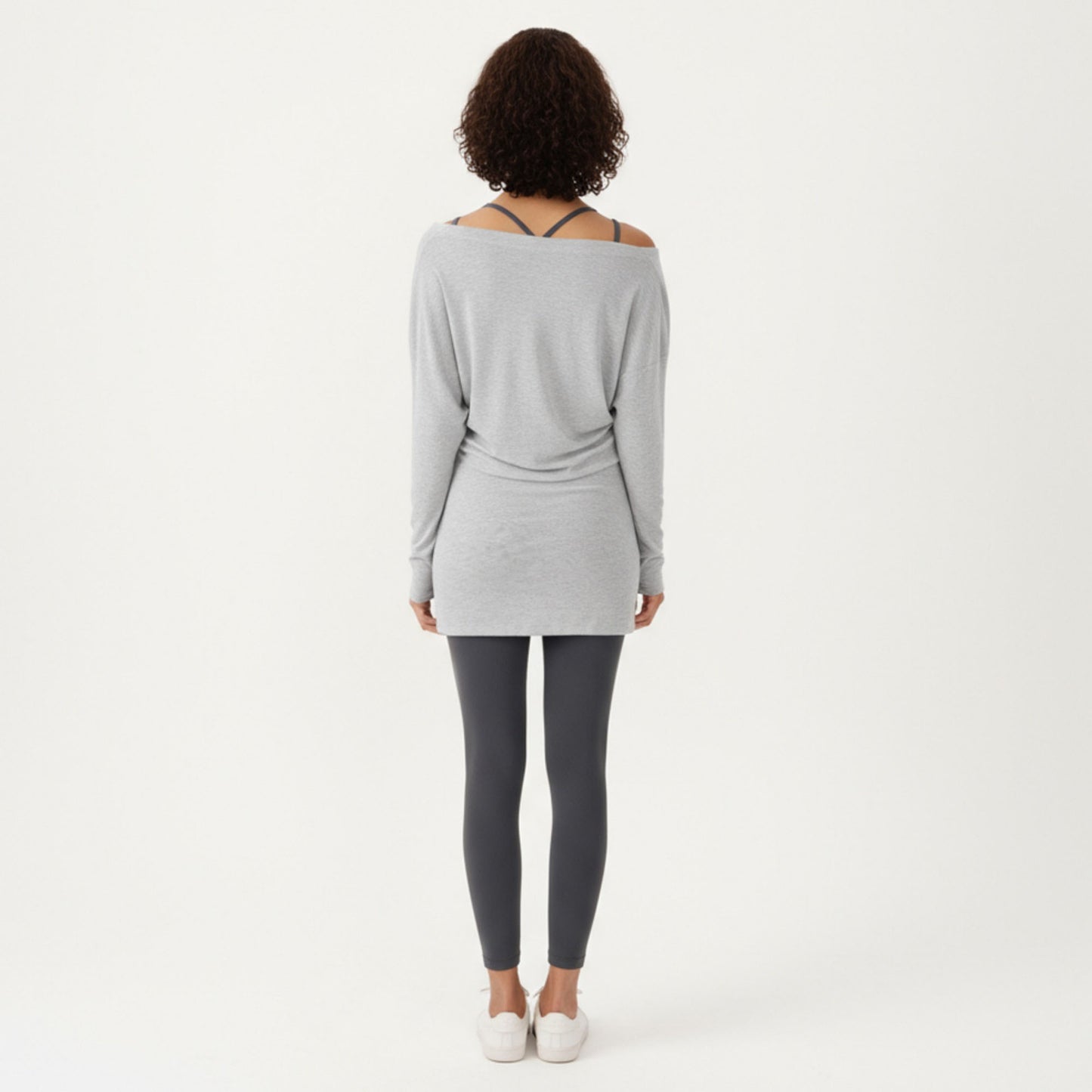 Off Shoulder Long Sleeve Top with Soft Stretch Fabric Relaxed Draped Fit and Extended Hemline